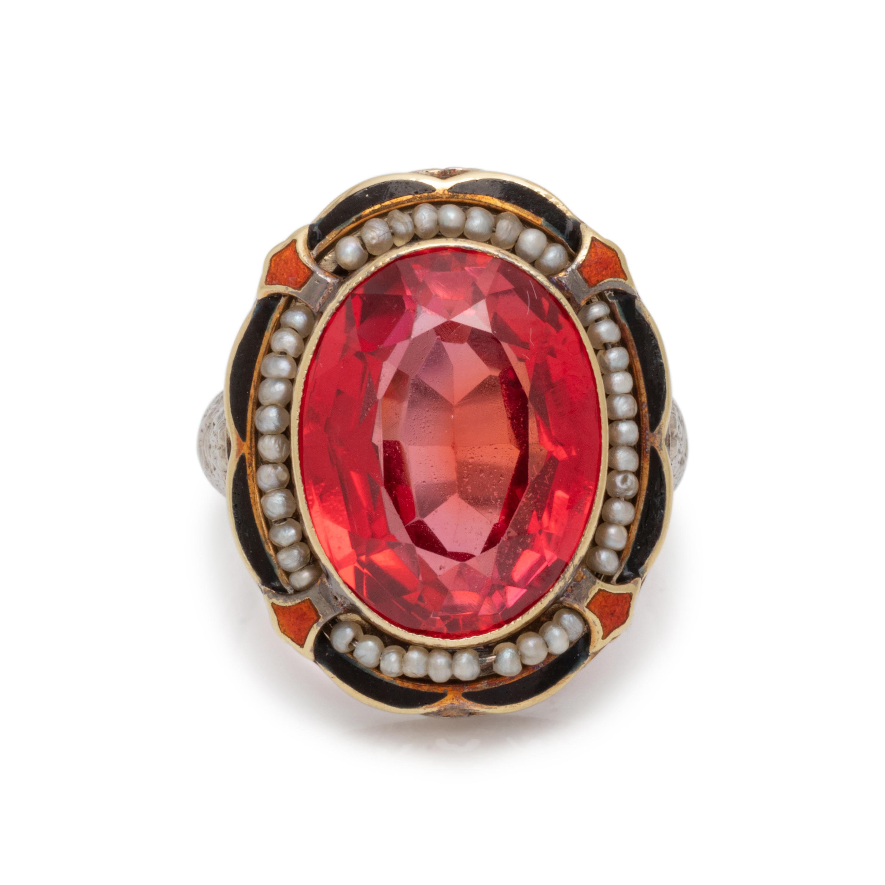ANTIQUE, SYNTHETIC RUBY, SEED PEARL AND ENAMEL RING