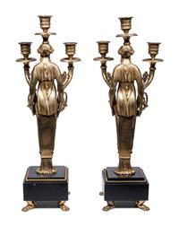 A Pair of Empire Style Gilt Bronze Figural Three-Light Candelabra