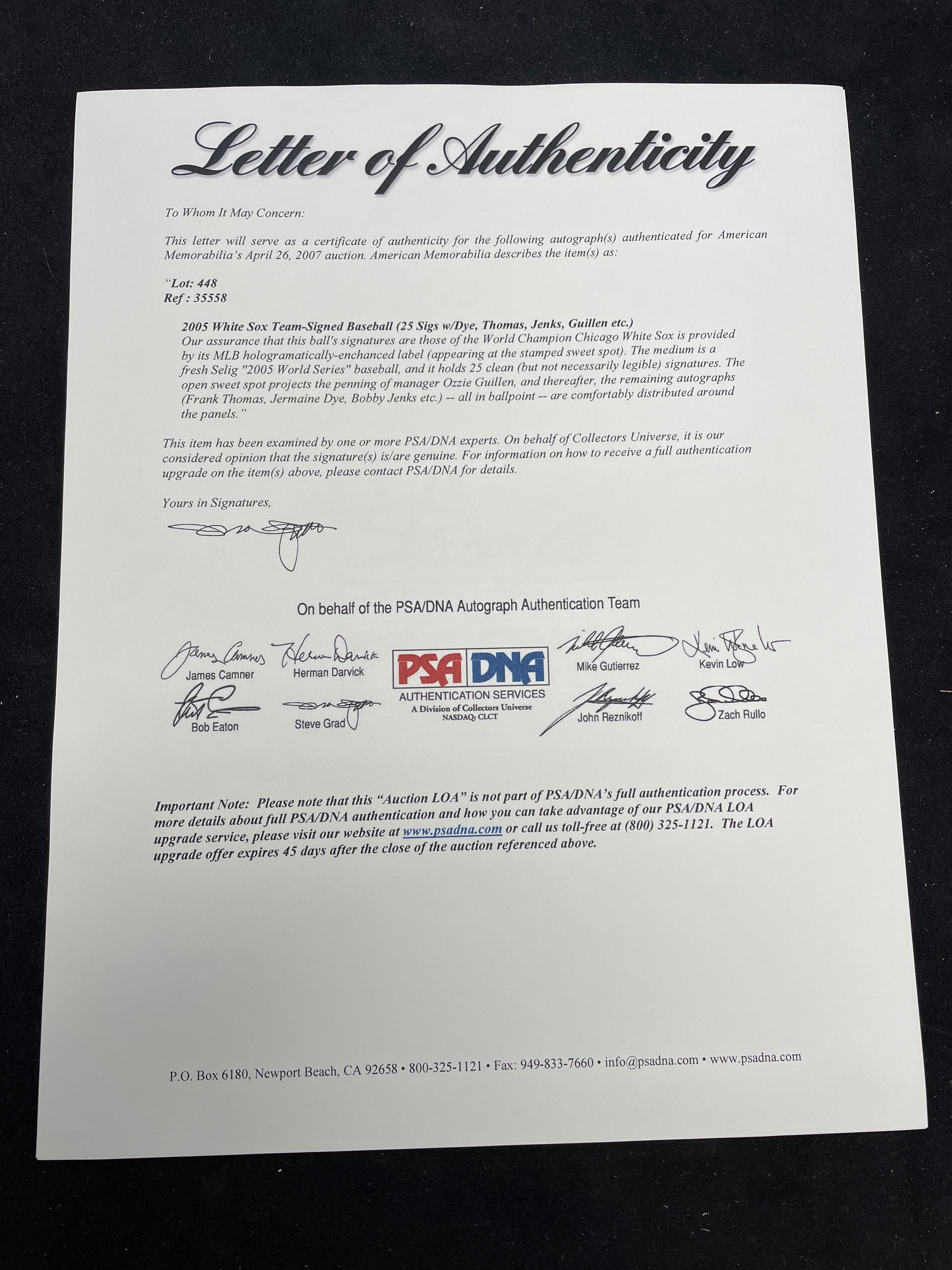 A 2005 Chicago White Sox World Series Champion Team Signed Autograph Baseball / 25 Signatures (PSA Letter)