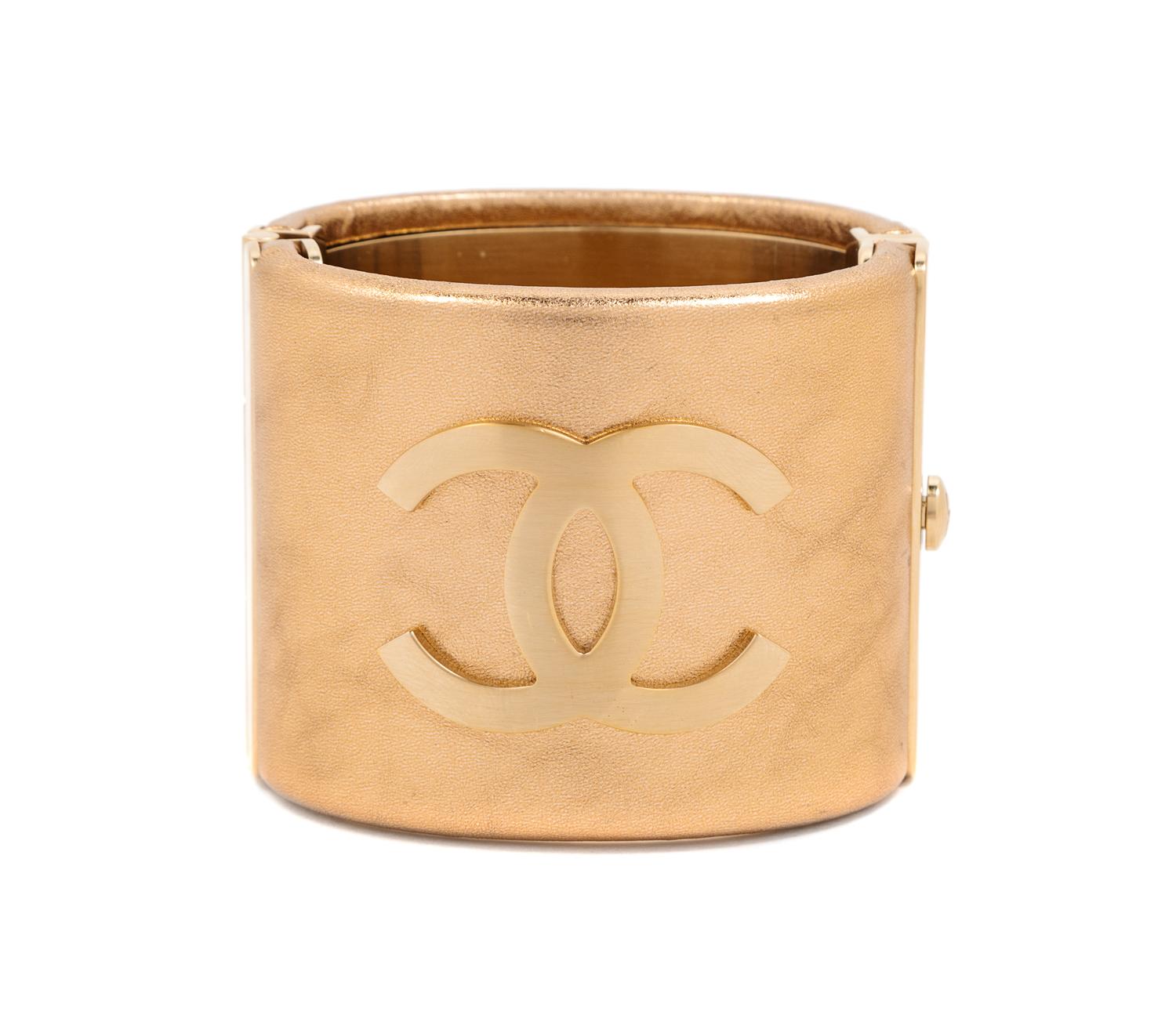 Chanel Bronze Resin Goldtone Wide CC Logo Cuff Bracelet, 2015 Width: 2"