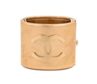 Chanel Bronze Resin Goldtone Wide CC Logo Cuff Bracelet, 2015 Width: 2"