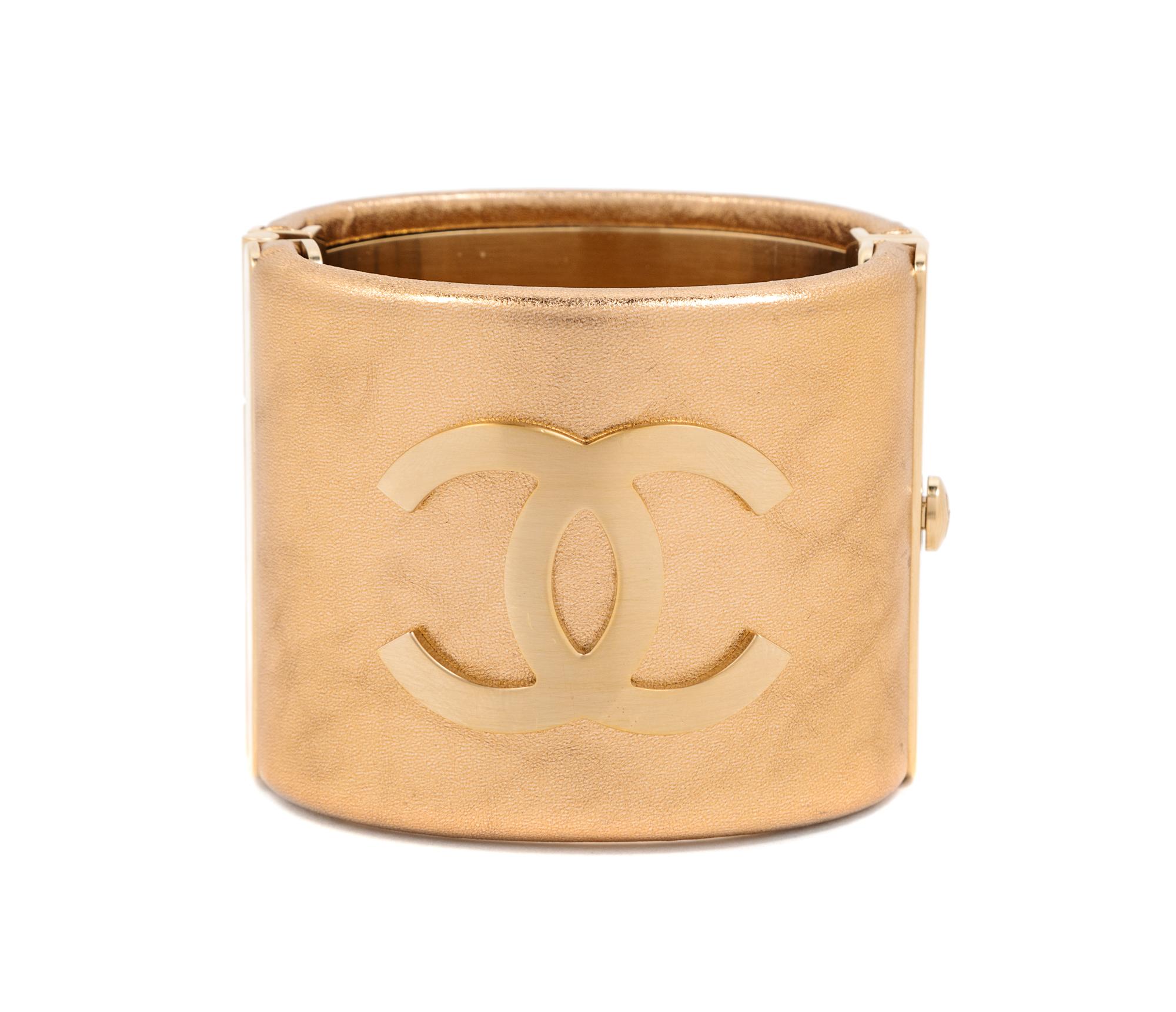 Chanel Bronze Resin Goldtone Wide CC Logo Cuff Bracelet, 2015 Width: 2"