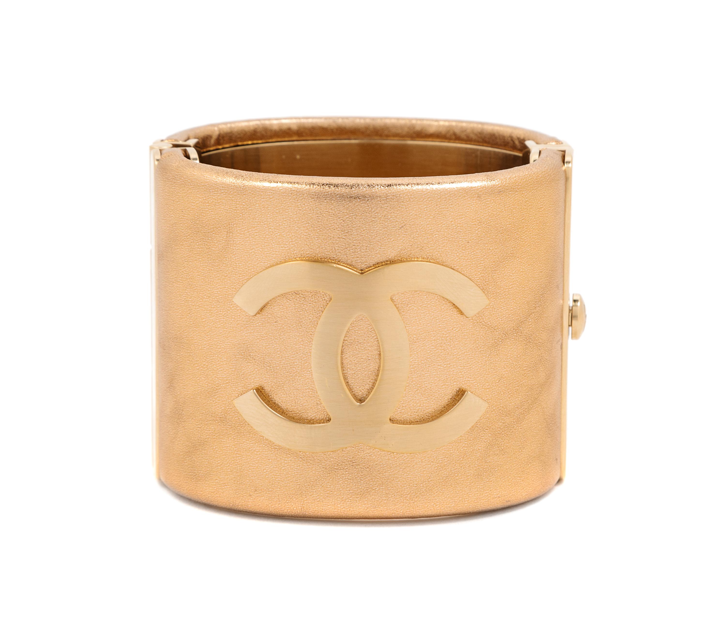 Chanel Bronze Resin Goldtone Wide CC Logo Cuff Bracelet, 2015 Width: 2"
