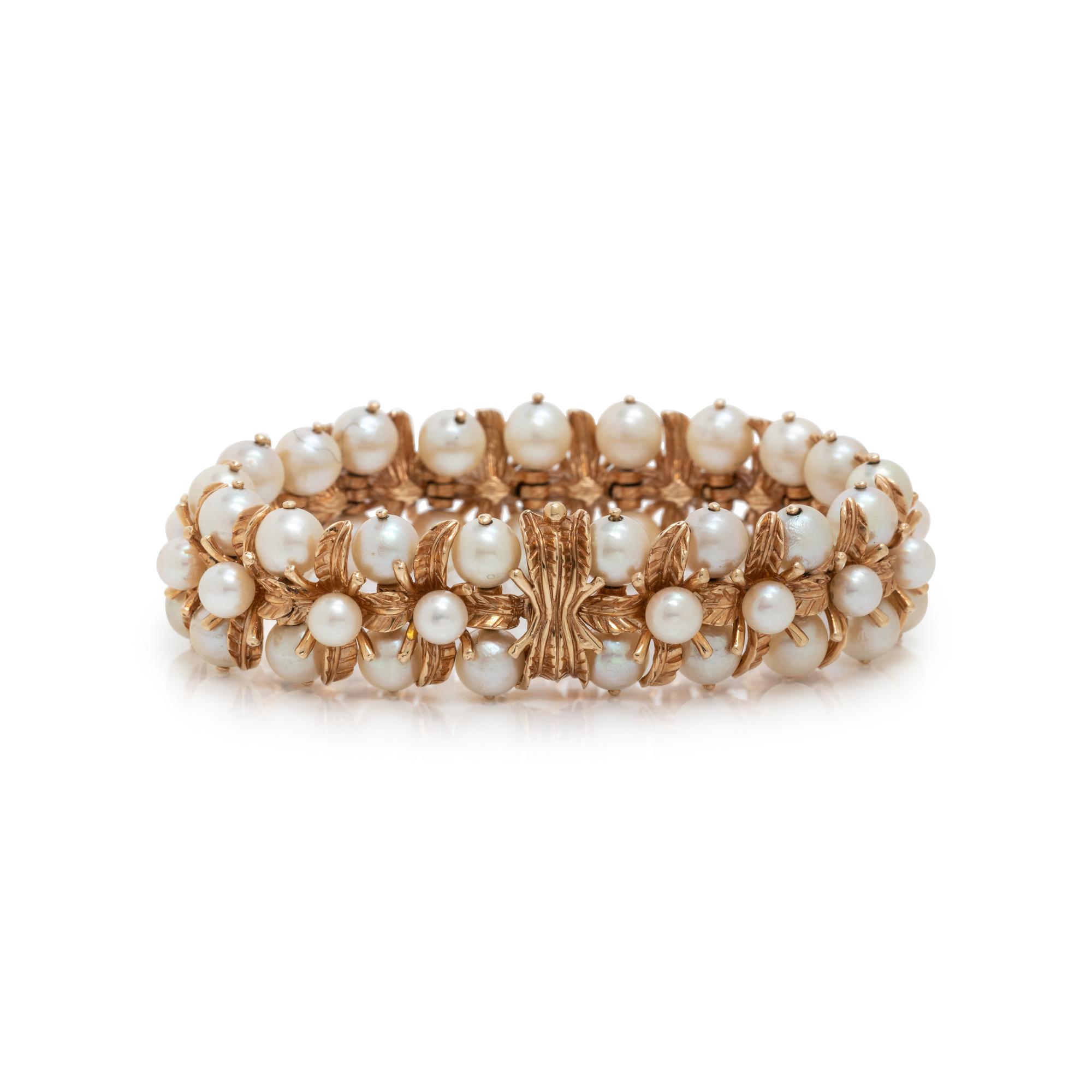 CARL D. LINDSTROM, YELLOW GOLD AND CULTURED PEARL BRACELET