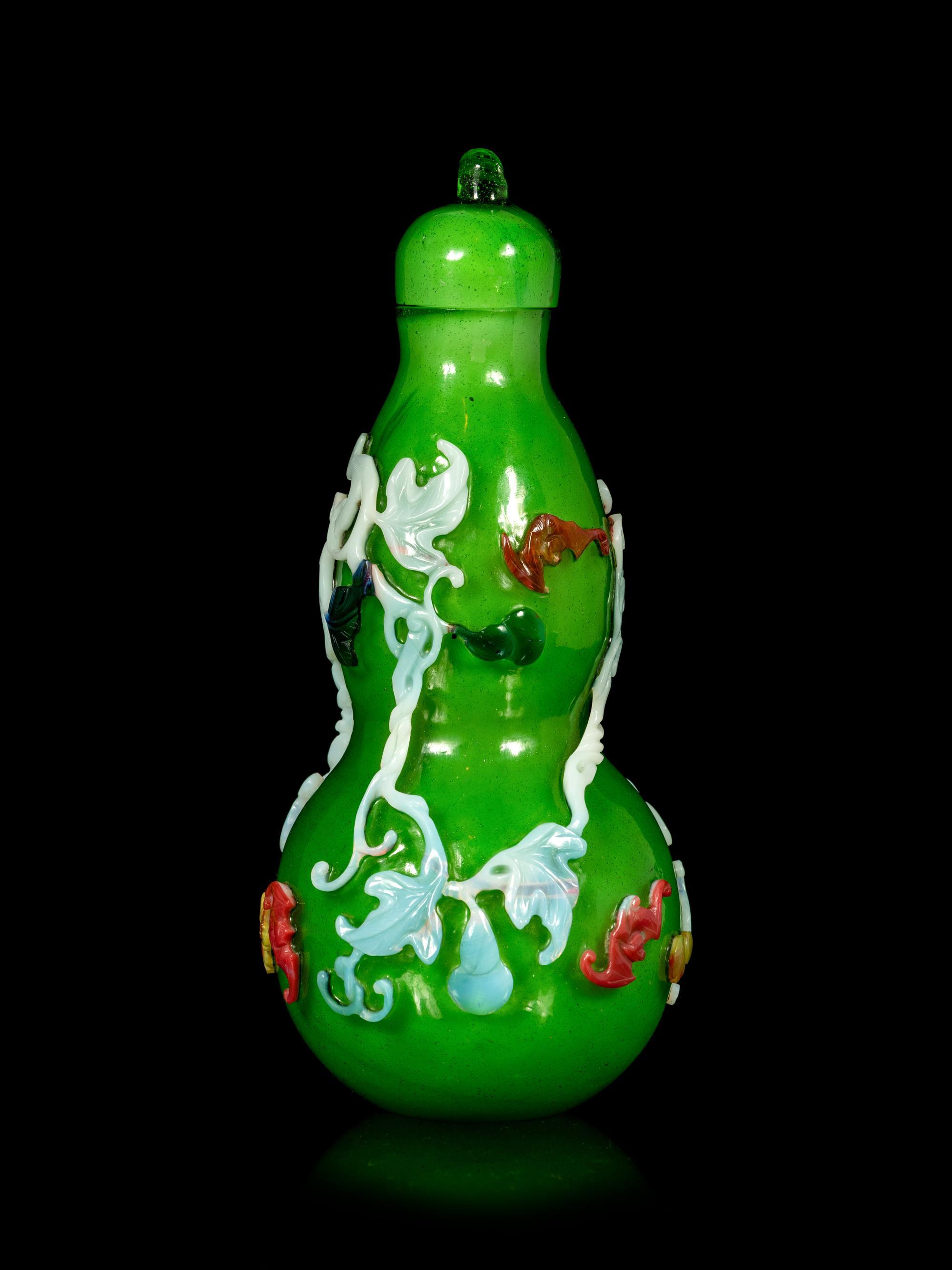 An Unusual Chinese Five Color Overlay Transparent Green Gourd-Form Vase and Cover