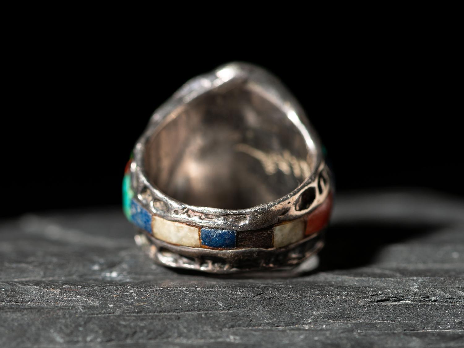 Silver Tufa Cast Shield Ring, with Cobblestone Inlay