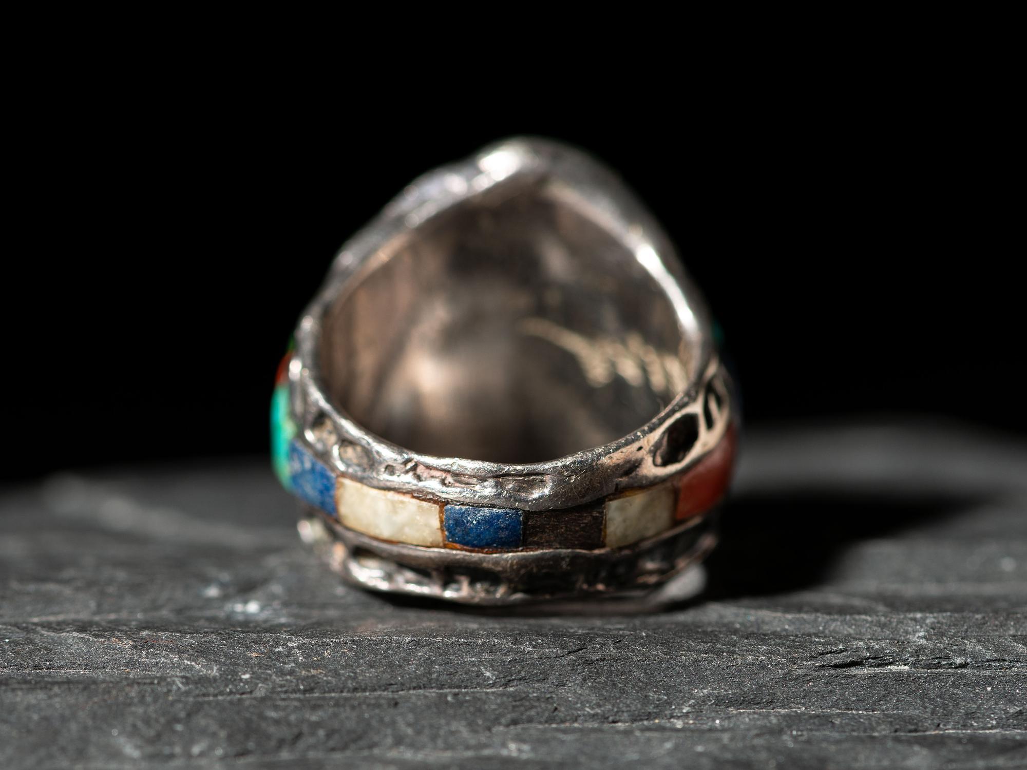 Silver Tufa Cast Shield Ring, with Cobblestone Inlay