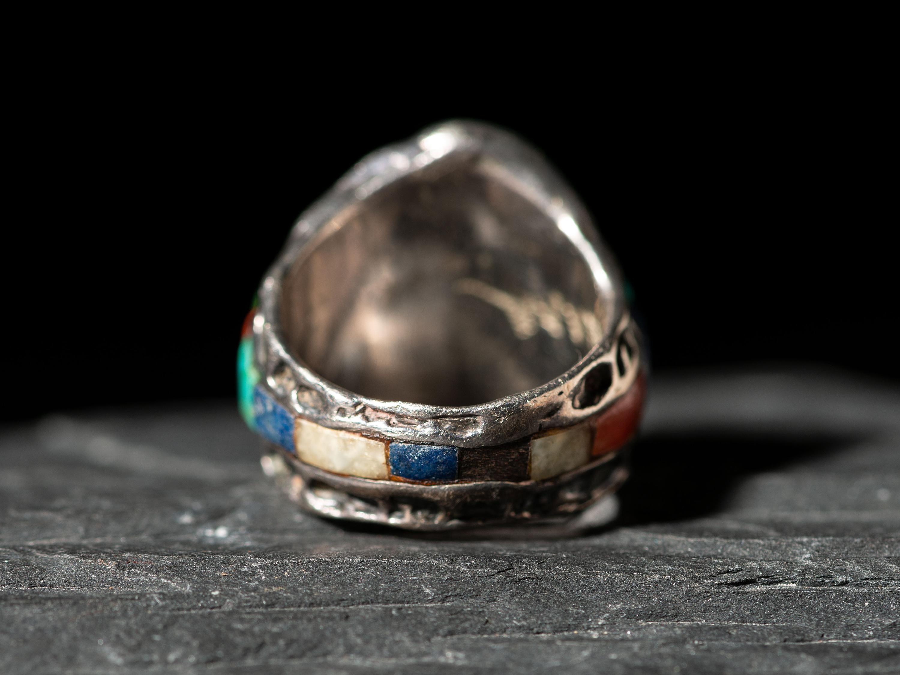 Silver Tufa Cast Shield Ring, with Cobblestone Inlay