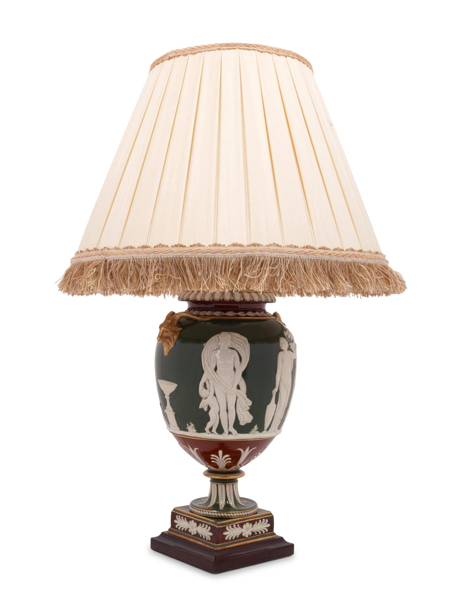 A Wedgwood Victoria Ware Vase Mounted as a Lamp with a Fringed Silk Shade