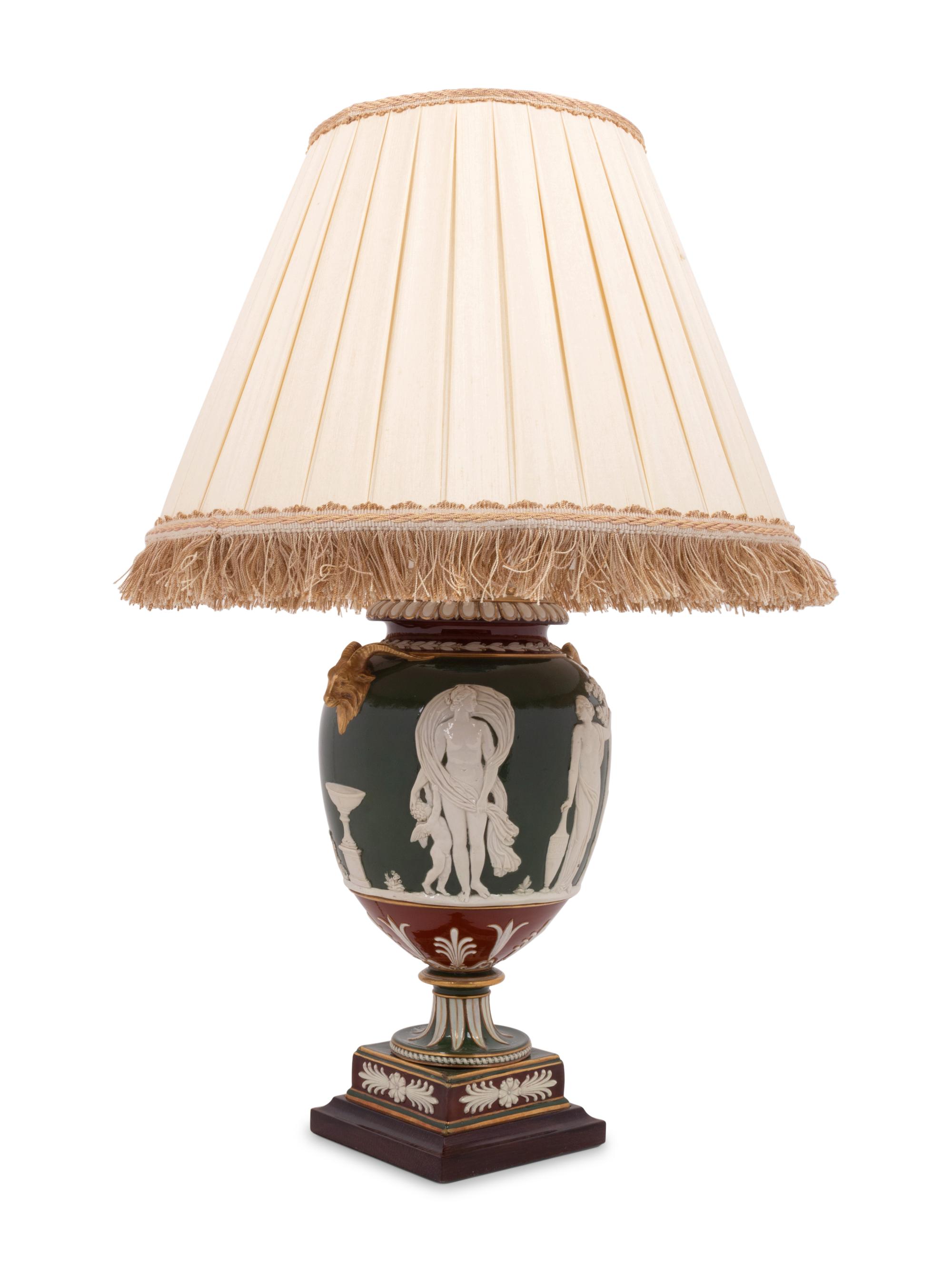 A Wedgwood Victoria Ware Vase Mounted as a Lamp with a Fringed Silk Shade