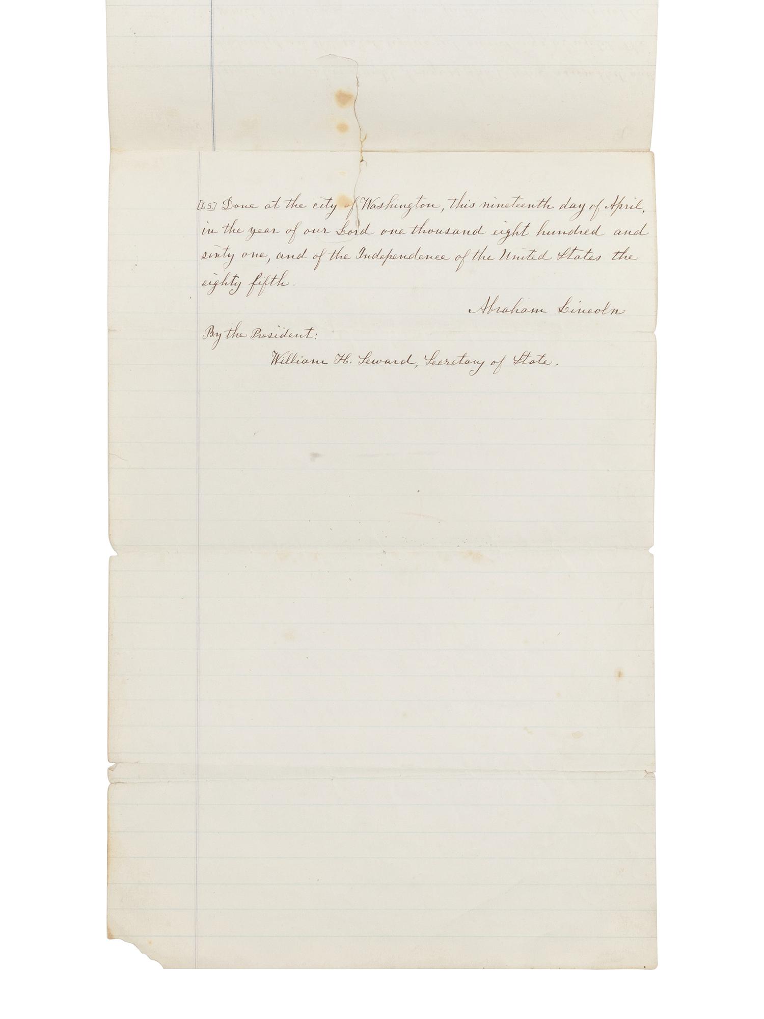 [LINCOLN, Abraham (1809-1865)]. A fair copy manuscript of Lincoln's proclamation ordering the blockade of all Confederate ports. Washington, D.C., ca. 18 April 1861 or before.