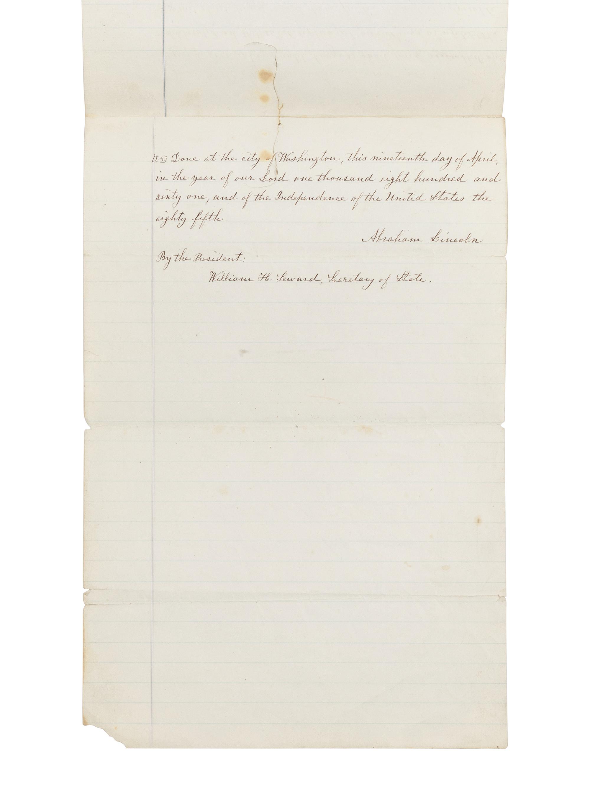 [LINCOLN, Abraham (1809-1865)]. A fair copy manuscript of Lincoln's proclamation ordering the blockade of all Confederate ports. Washington, D.C., ca. 18 April 1861 or before.