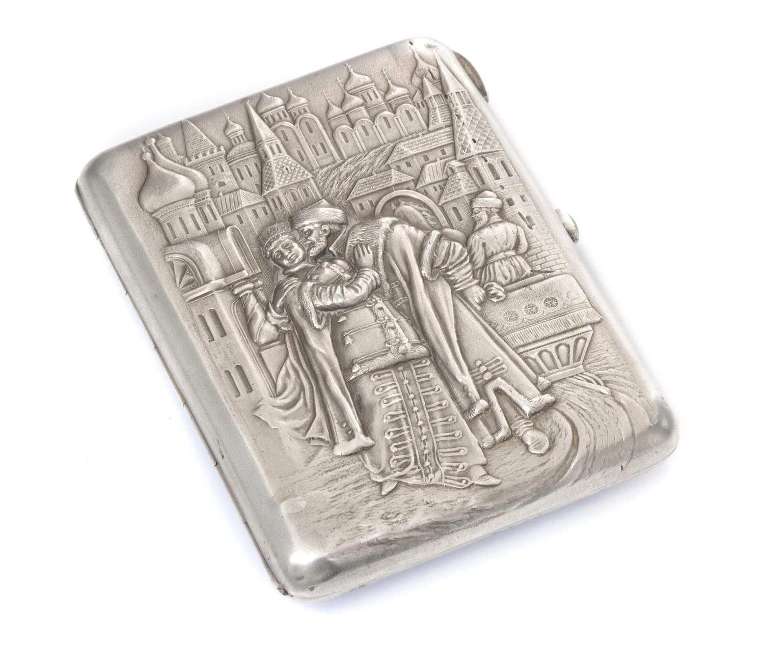 A Russian Silver Cigarette Case, Maker's mark Cyrillic AZ, Moscow, late 19th/early 20th century, the lid decorated with a courting coup