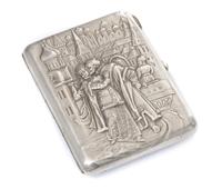A Russian Silver Cigarette Case, Maker's mark Cyrillic AZ, Moscow, late 19th/early 20th century, the lid decorated with a courting coup