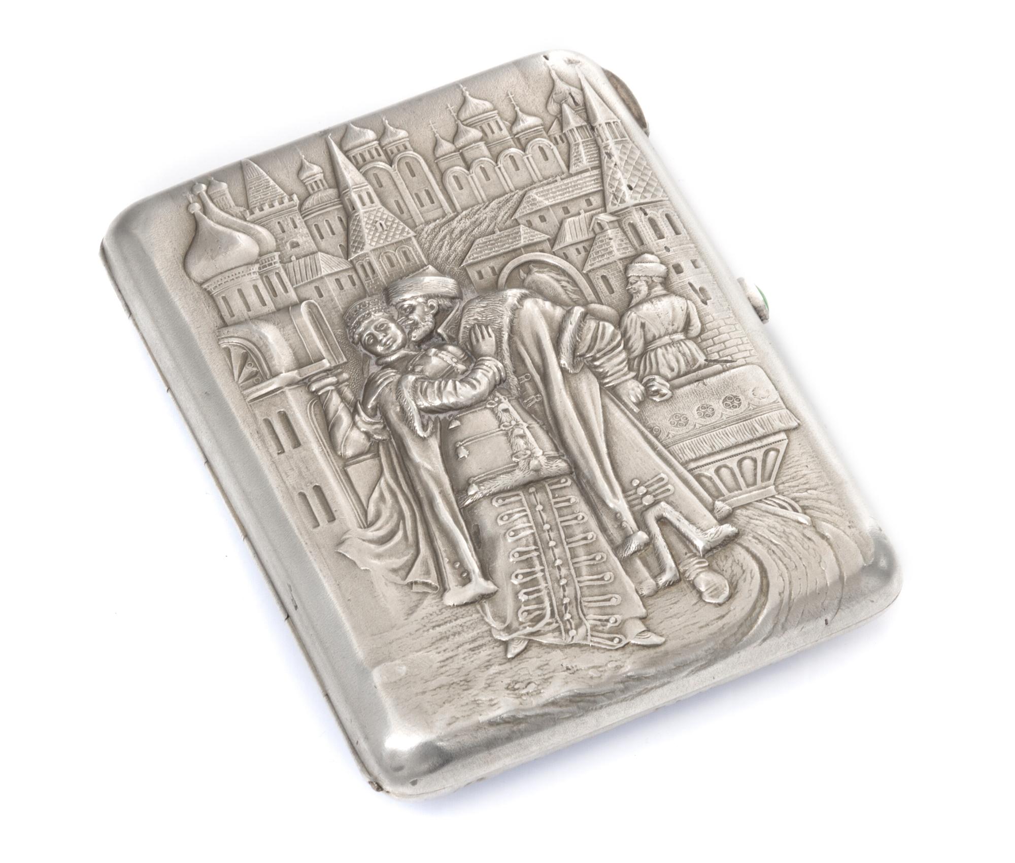 A Russian Silver Cigarette Case, Maker's mark Cyrillic AZ, Moscow, late 19th/early 20th century, the lid decorated with a courting coup