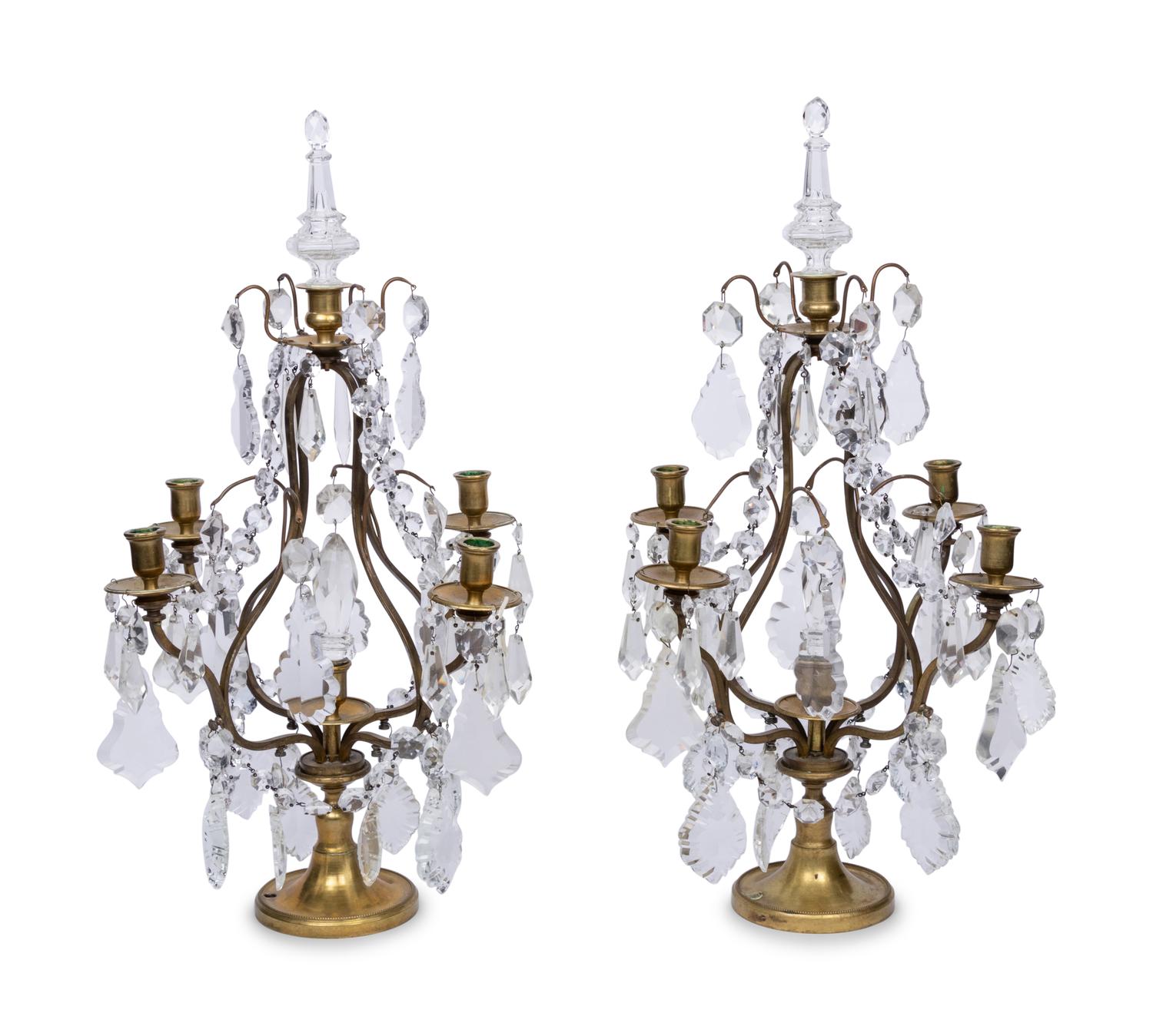 A Pair of French Brass and Glass Four-Light Candelabra