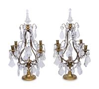 A Pair of French Brass and Glass Four-Light Candelabra