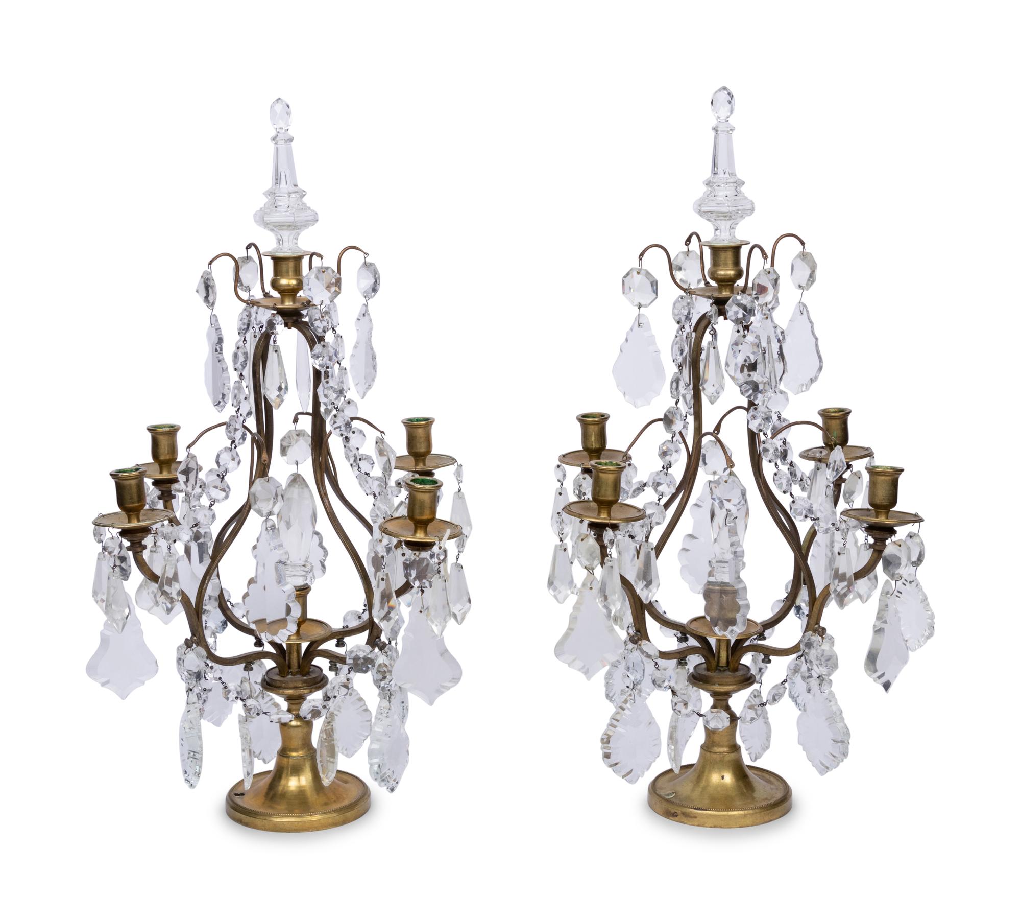 A Pair of French Brass and Glass Four-Light Candelabra