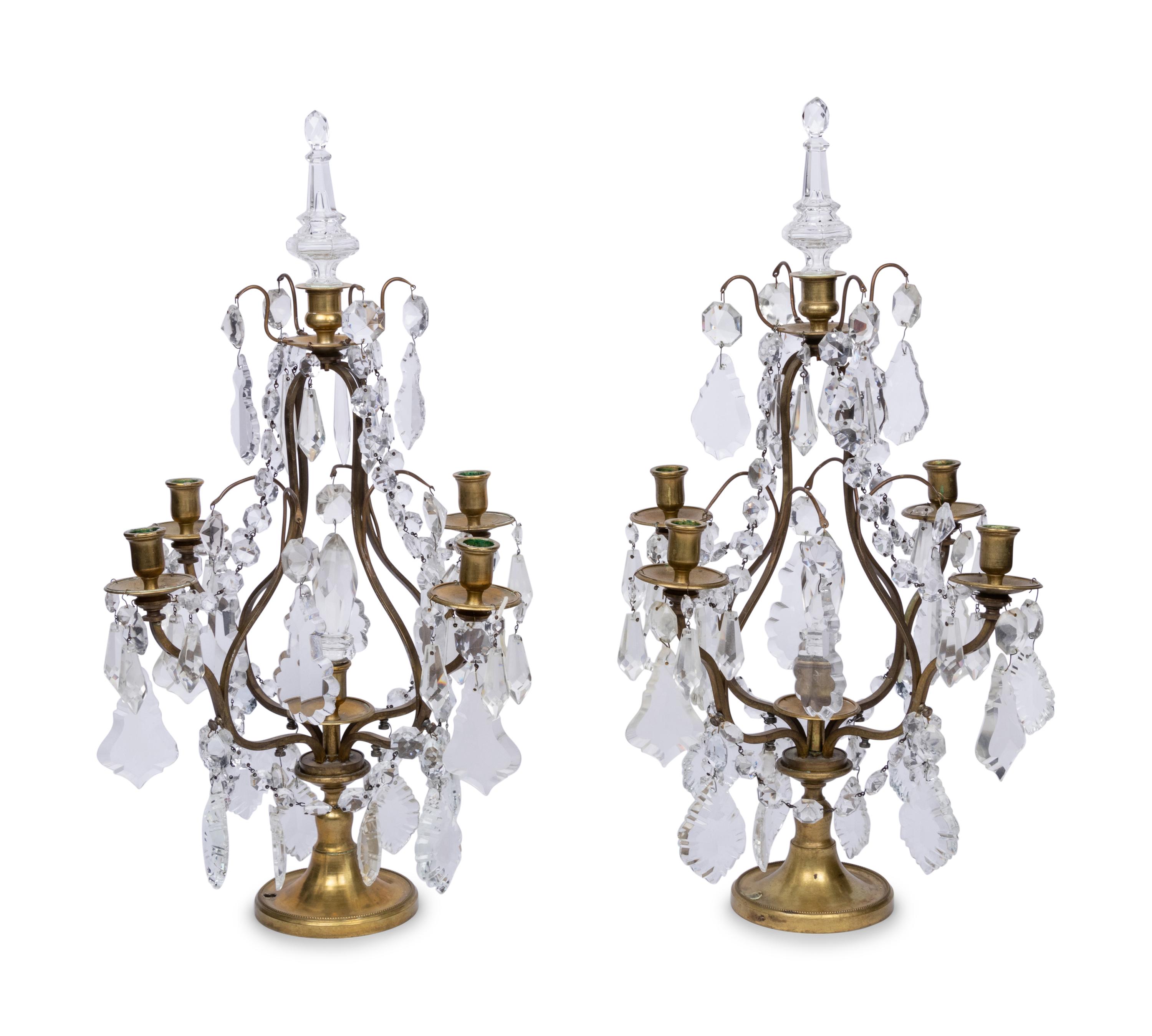 A Pair of French Brass and Glass Four-Light Candelabra