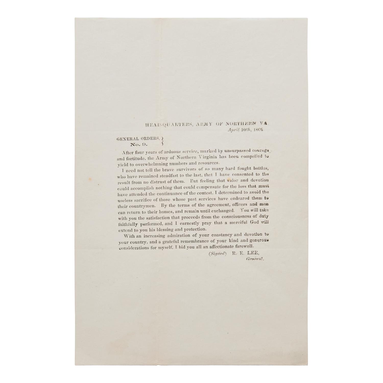 [Civil War] Field Press Printing of General Robert E. Lee's Farewell Address, April 10, 1865
