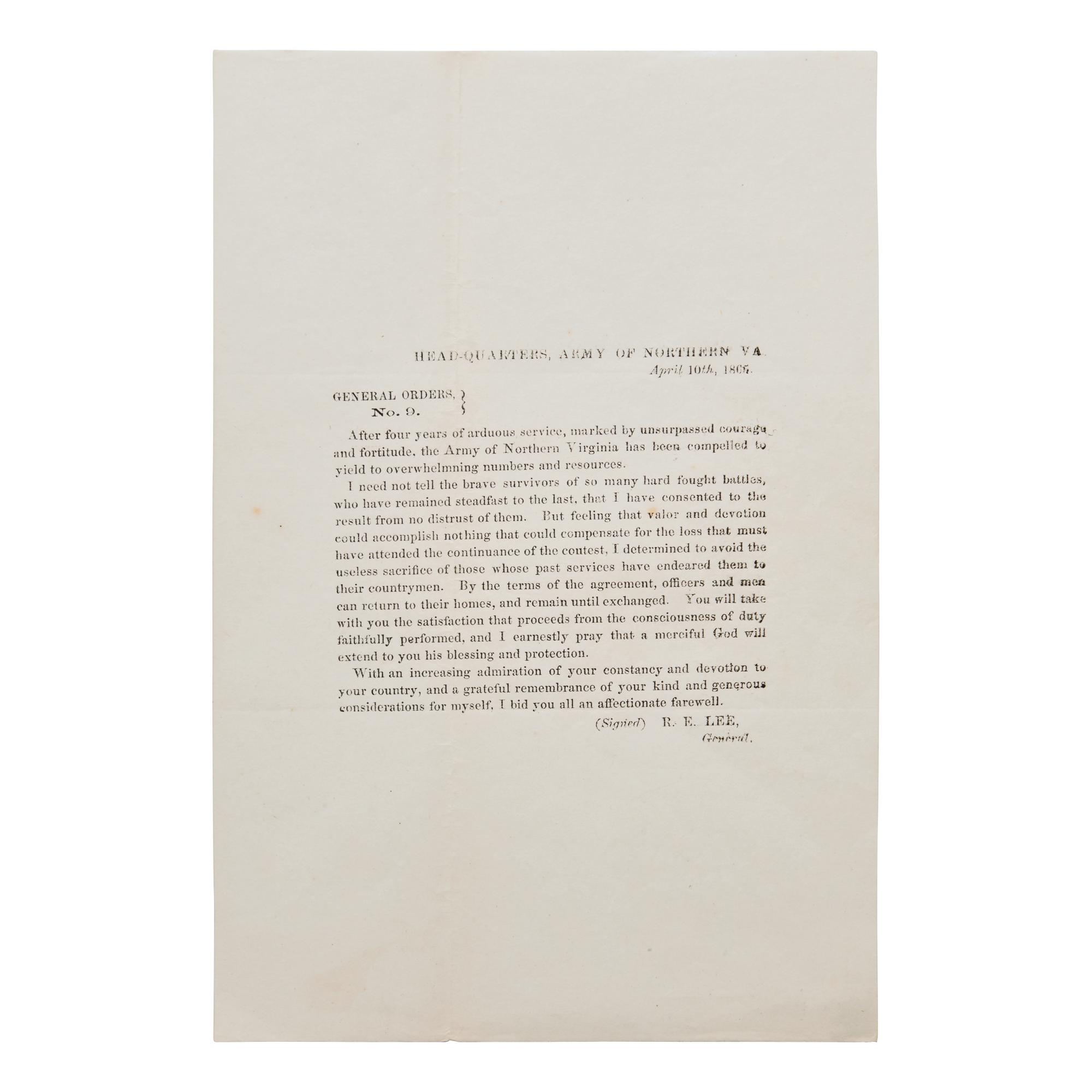 [Civil War] Field Press Printing of General Robert E. Lee's Farewell Address, April 10, 1865