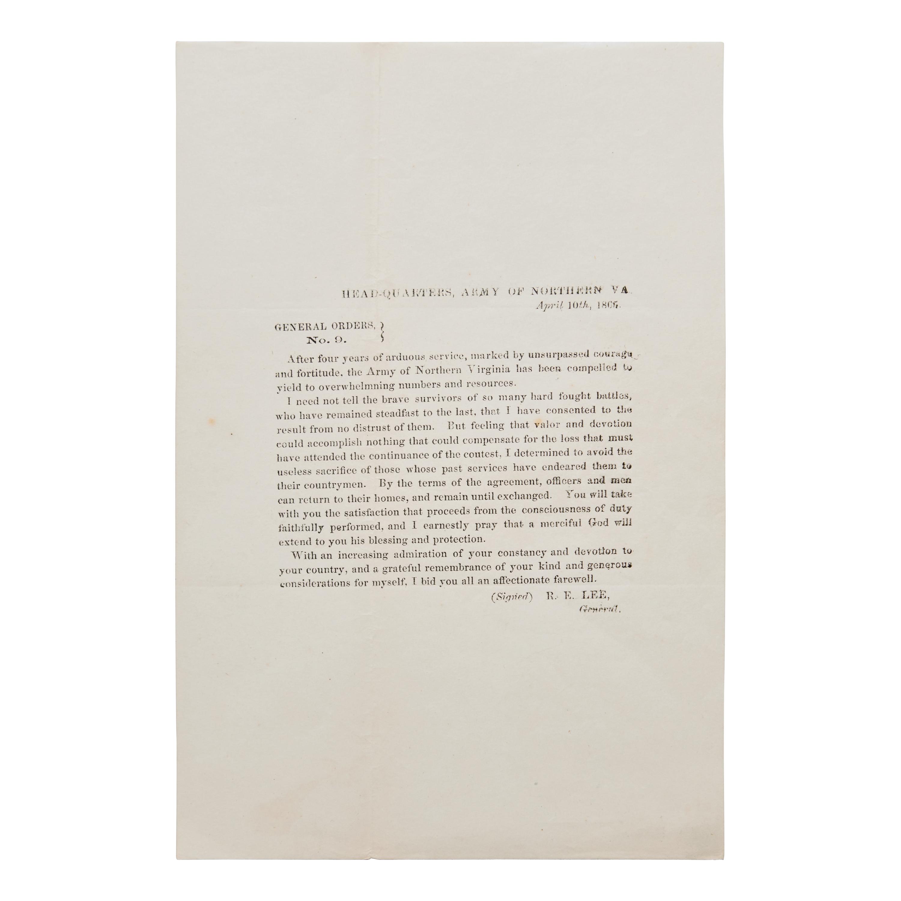 [Civil War] A Confederate Field Press Printing of General Robert E. Lee's Farewell Address, April 10, 1865