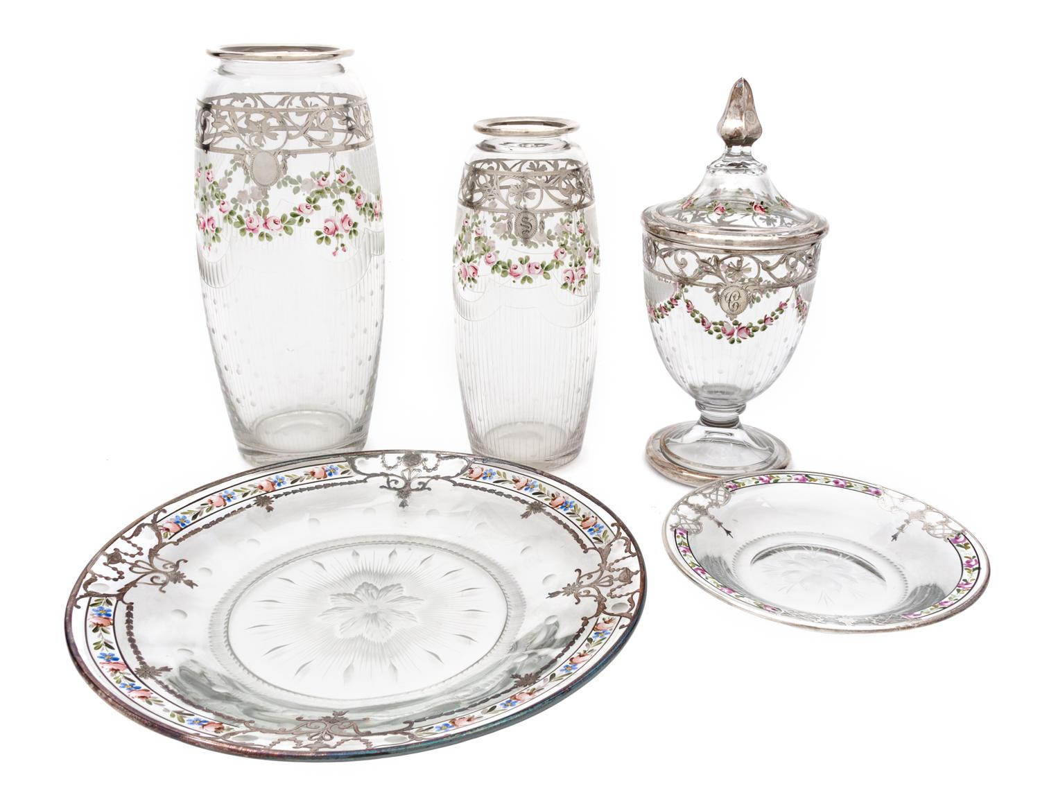 Five Silver Overlay and Enameled Wheel Cut Glass Articles Height of tallest 10 inches.