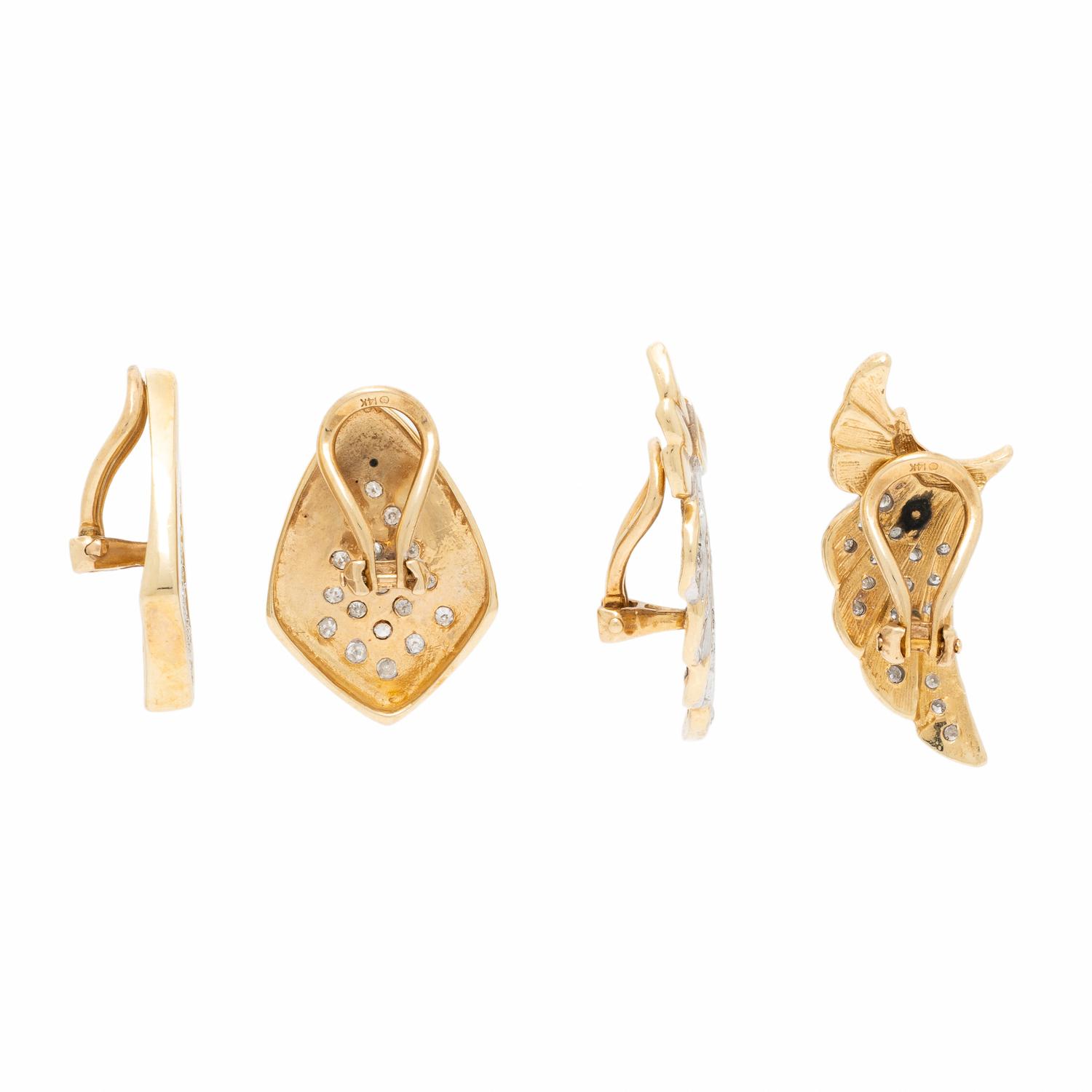 Two Pairs of Bicolor Gold and Diamond Earrings