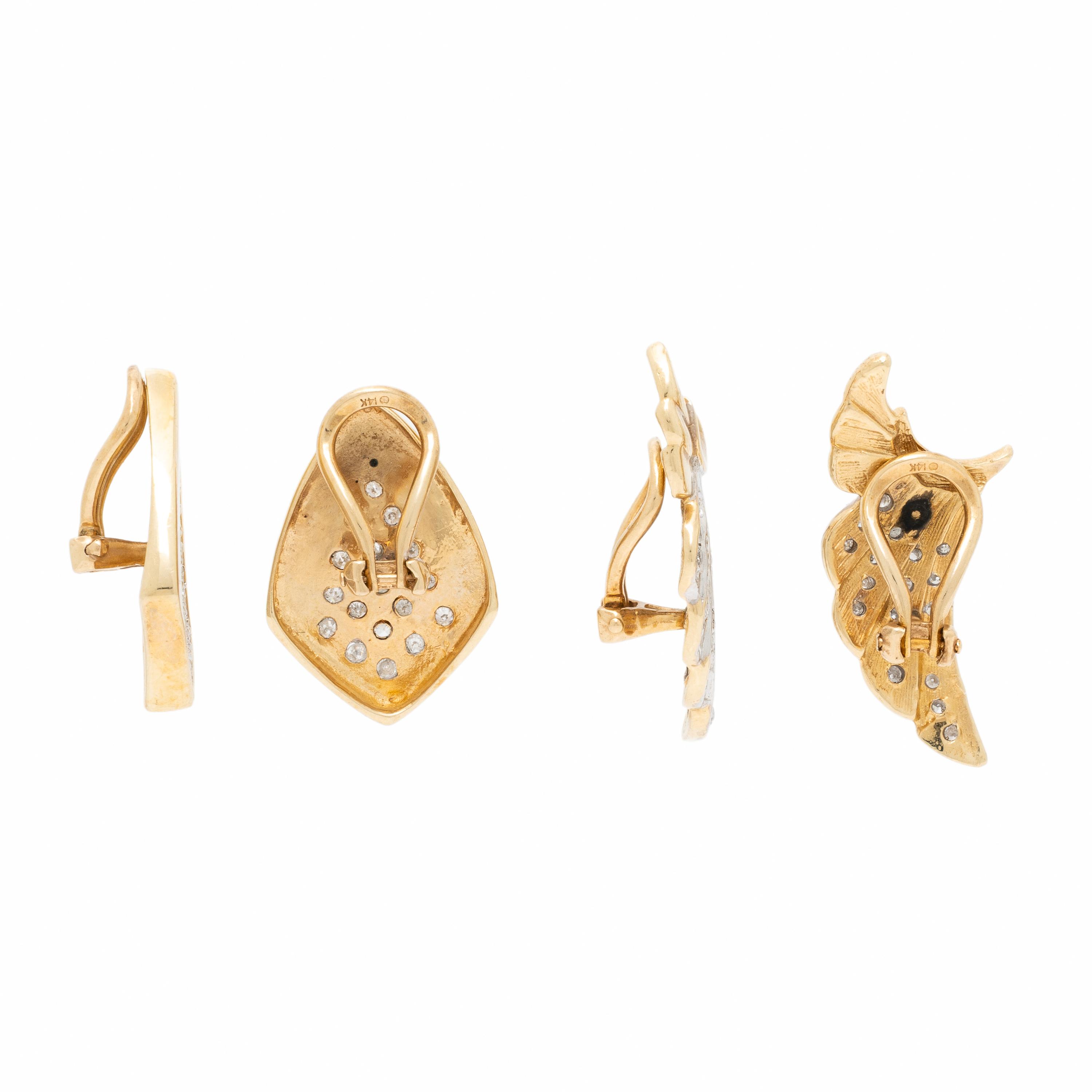 Two Pairs of Bicolor Gold and Diamond Earrings