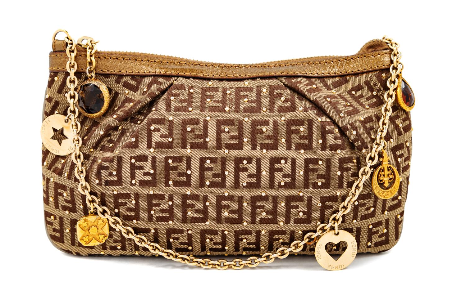 A Fendi Zucchino Studded Pochette, 5" H x 8.25" W x 0.5" D; Strap drop: 7".