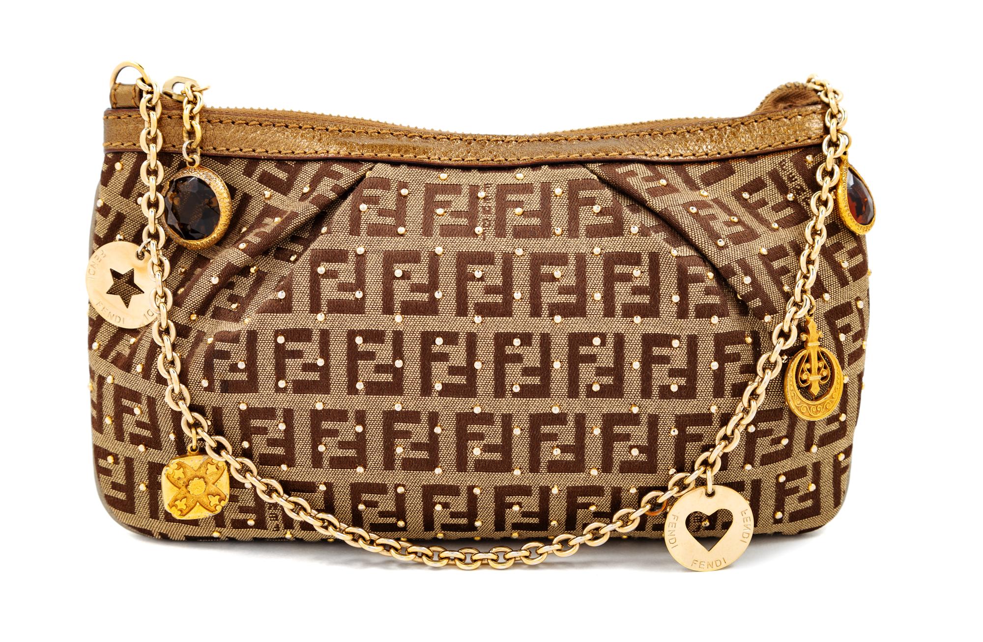 A Fendi Zucchino Studded Pochette, 5" H x 8.25" W x 0.5" D; Strap drop: 7".