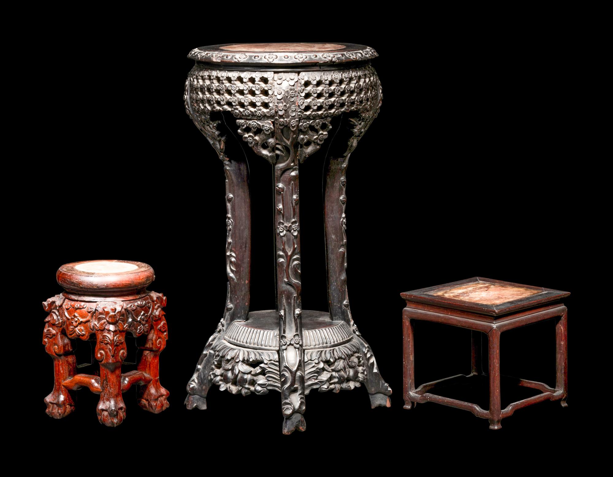 Three Chinese Marble Top Inset Hardwood Stands