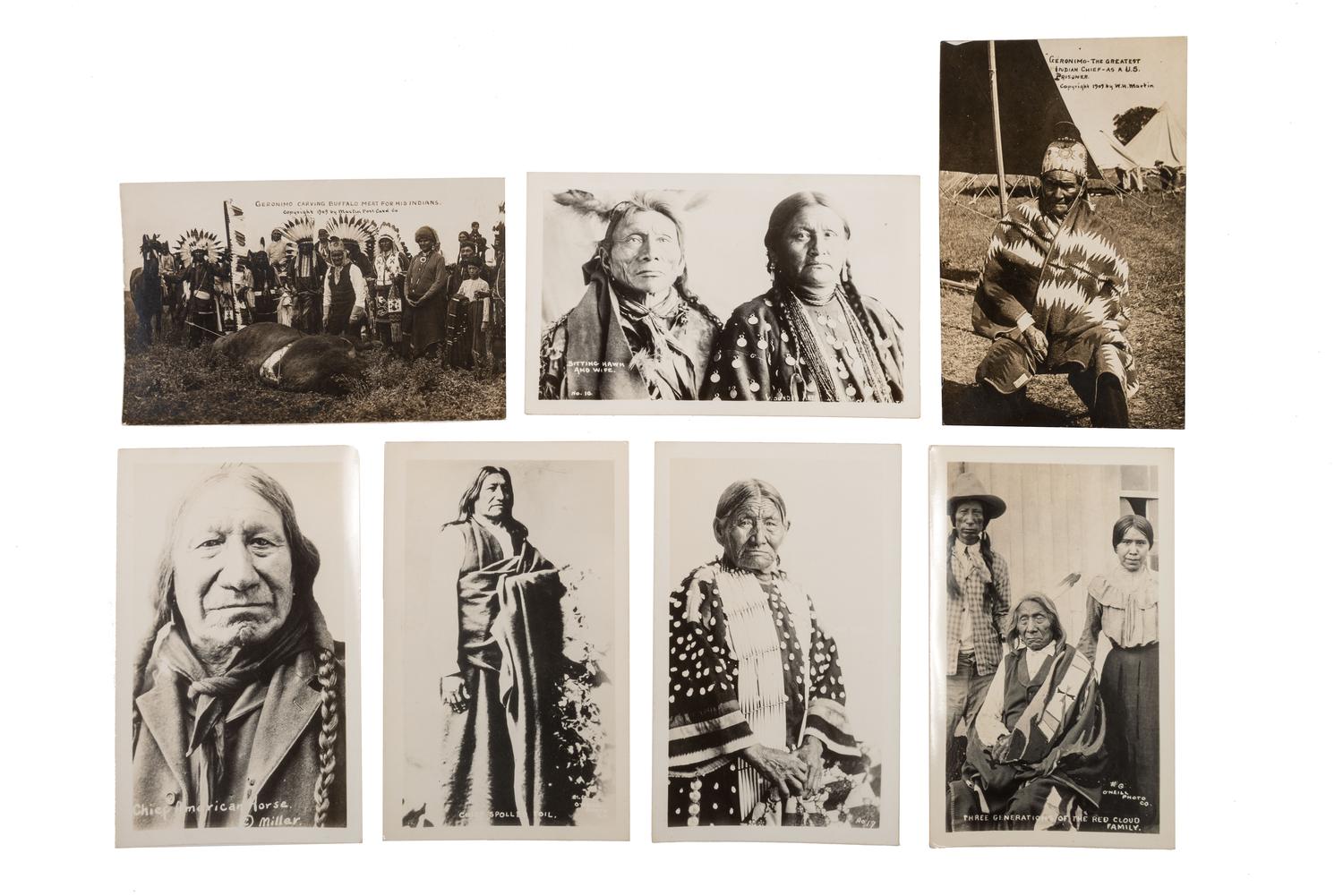 [NATIVE AMERICANS]. A group of 14 photographs highlighted by real photo postcards of Geronimo and Red Cloud.