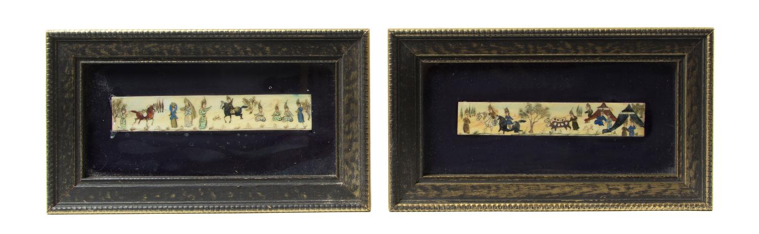 A Pair of Persian Painted Panels, Height overall 5 1/4 x width 9 1/4 inches.