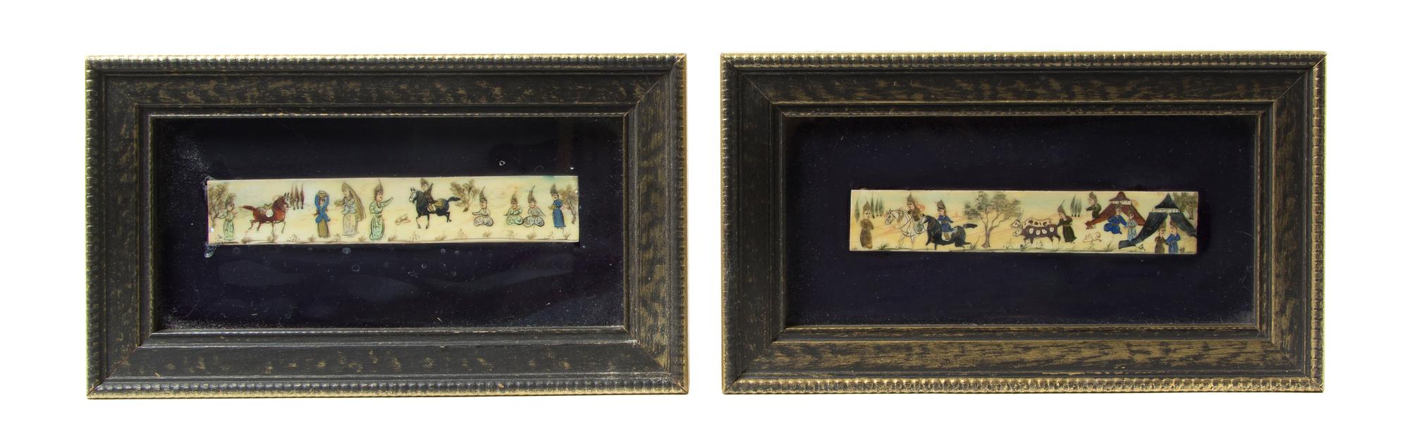 A Pair of Persian Painted Panels, Height overall 5 1/4 x width 9 1/4 inches.