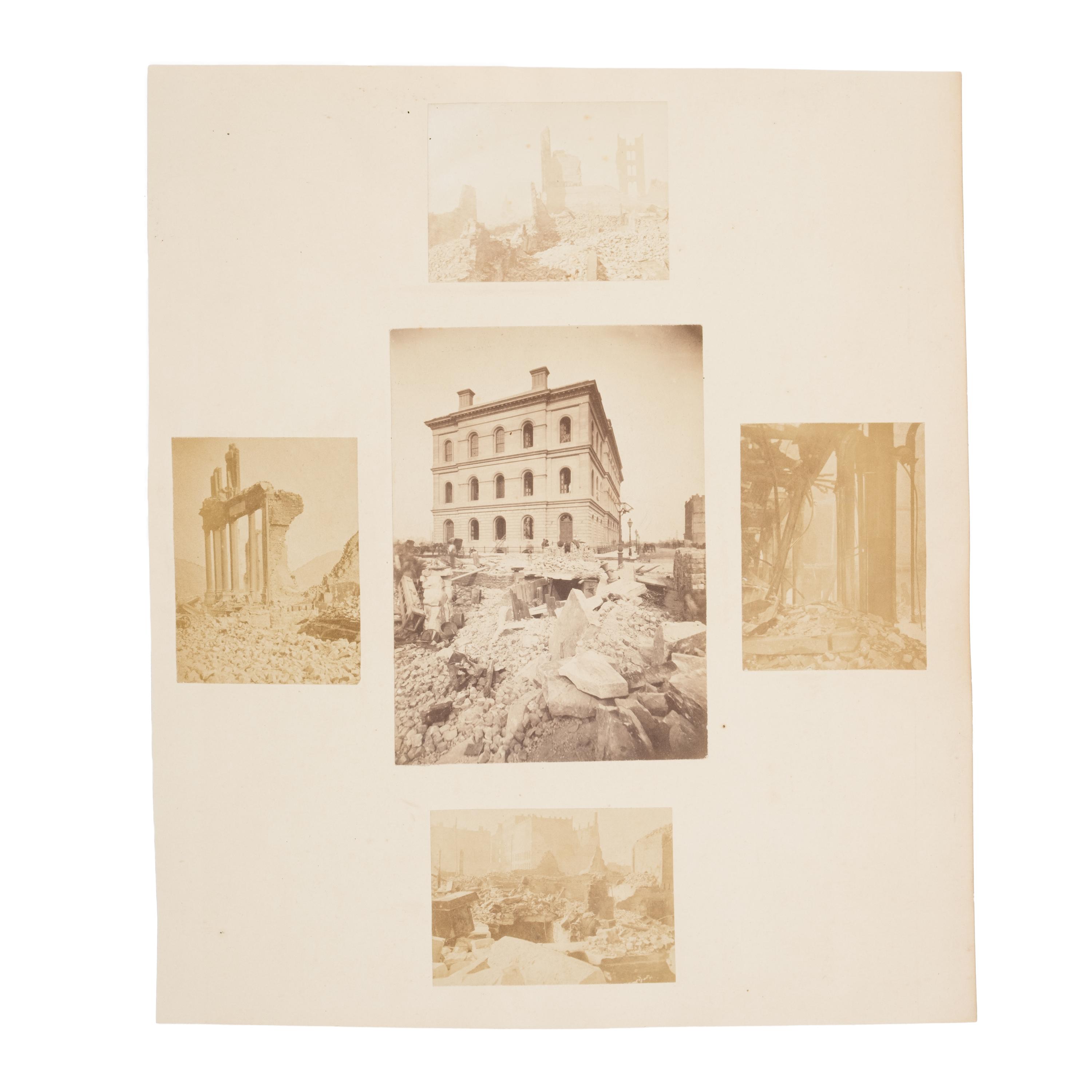 [Chicago Fire]. A collection of approx. 80 CDVs, cabinet cards, albumen prints, and glass slides taken after the Chicago Fire of 1871.