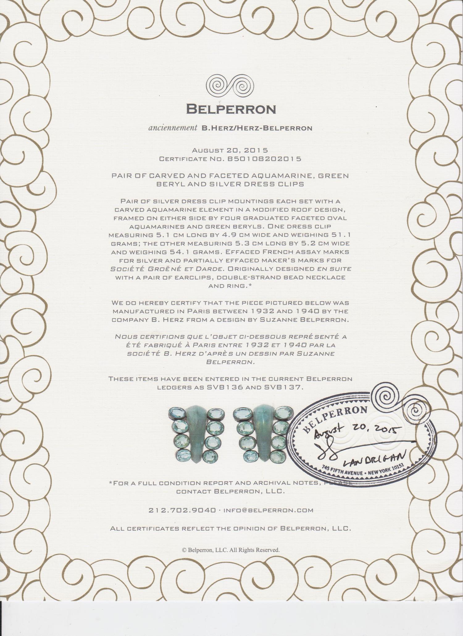 A Pair of Silver, Green Beryl and Carved Aquamarine Dress Clips, Suzanne Belperron, 67.30 dwts.