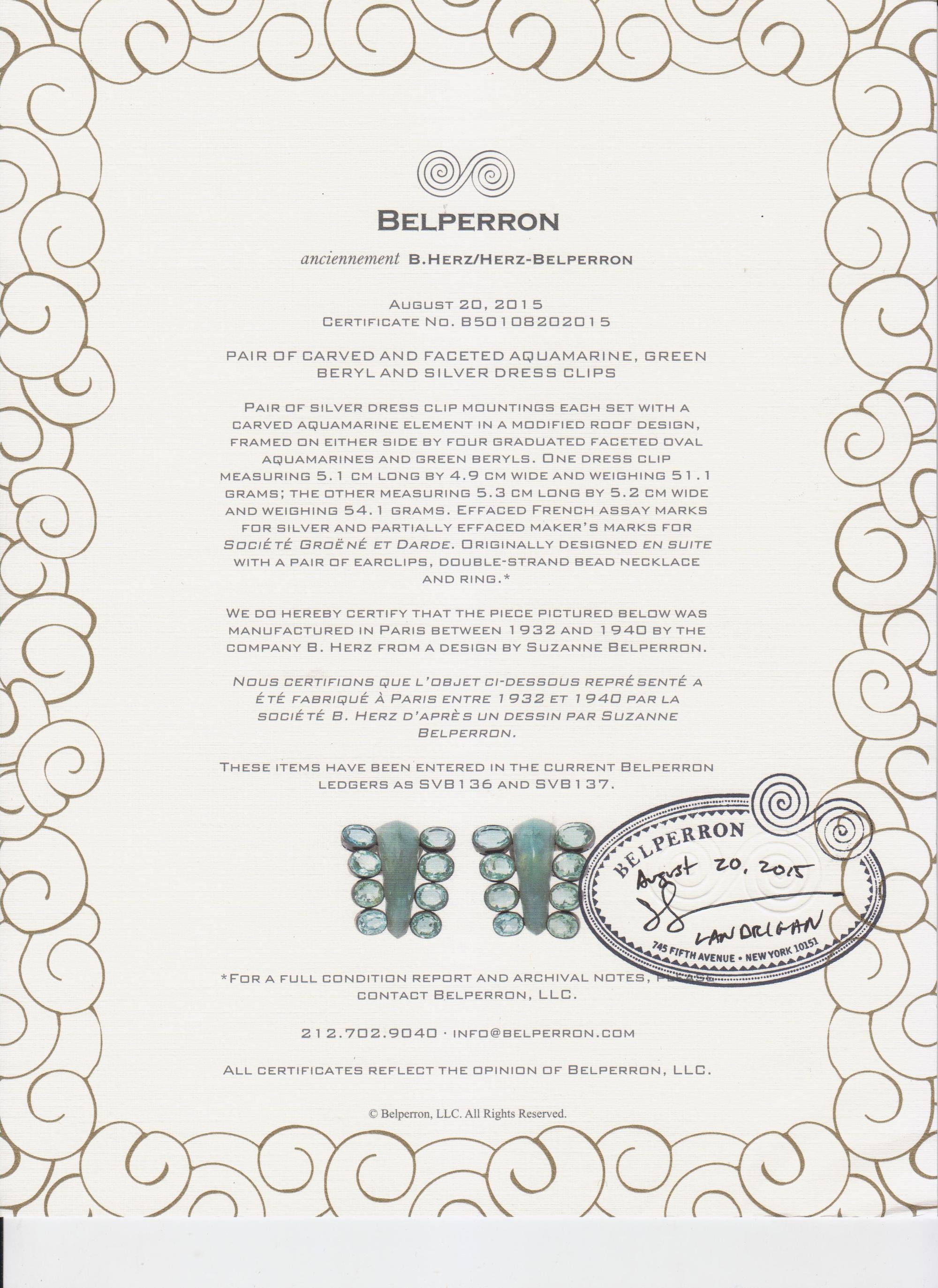 A Pair of Silver, Green Beryl and Carved Aquamarine Dress Clips, Suzanne Belperron, 67.30 dwts.