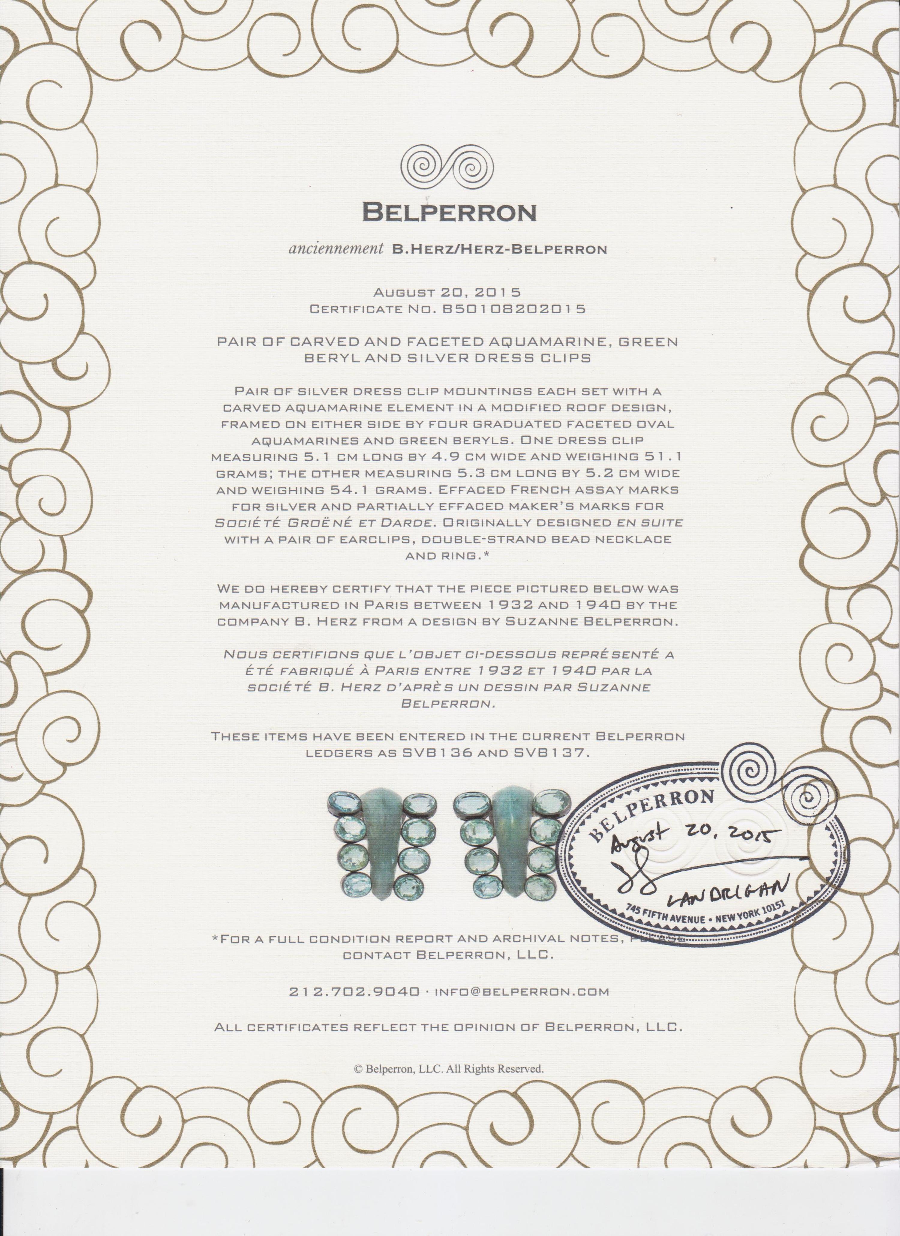 A Pair of Silver, Green Beryl and Carved Aquamarine Dress Clips, Suzanne Belperron, 67.30 dwts.