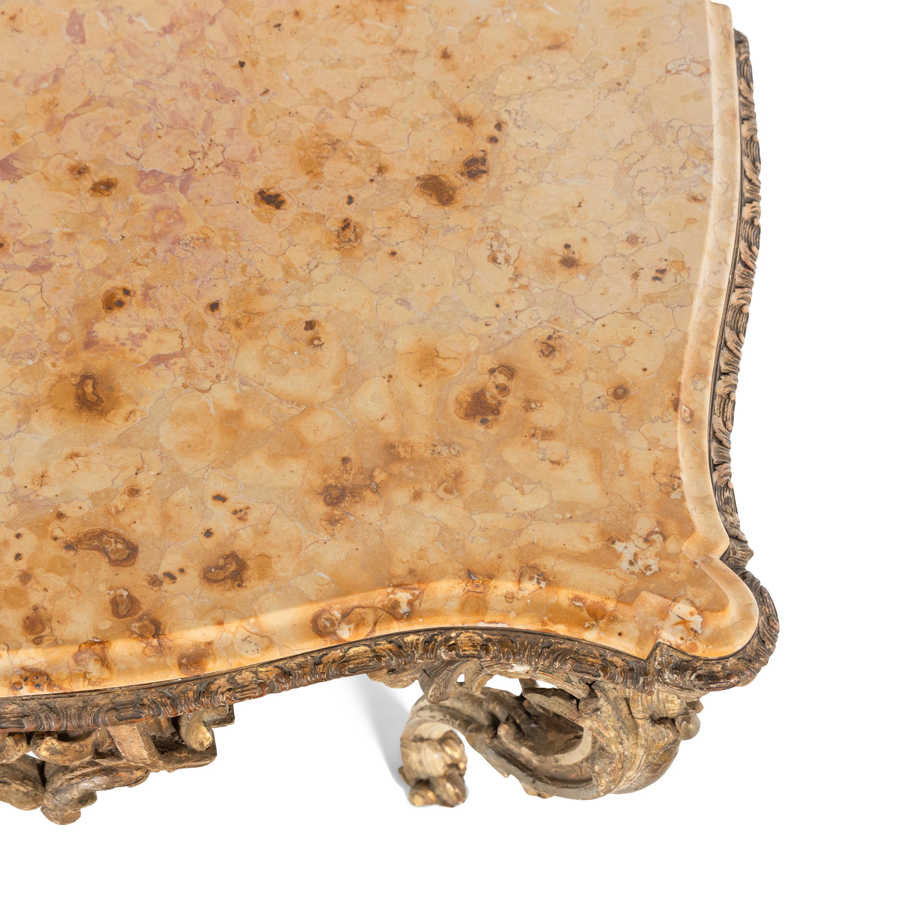 A Louis XV Painted and Parcel Gilt Marble-Top Console Table