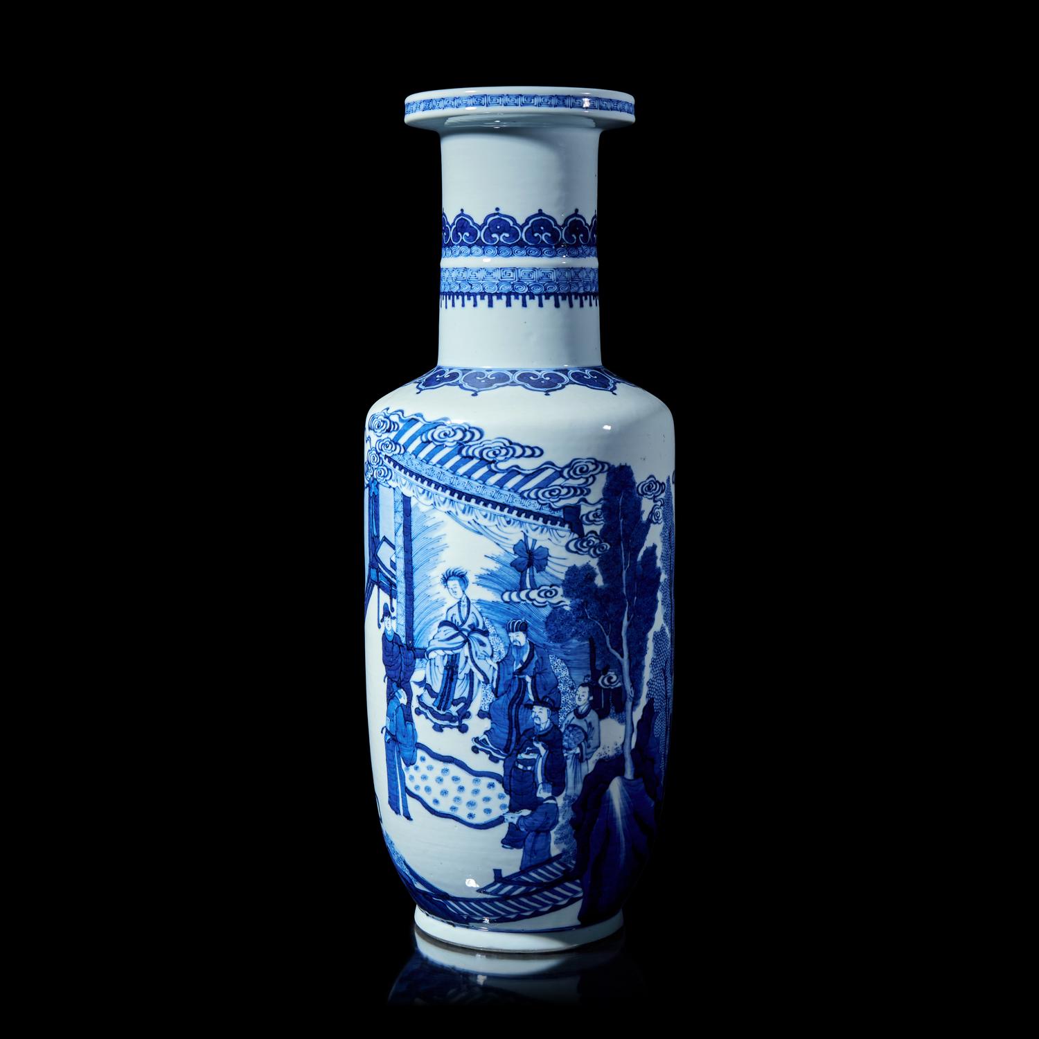 A Large Chinese Blue and White Porcelain Rouleau Vase 青花山水人物圖棒槌瓶