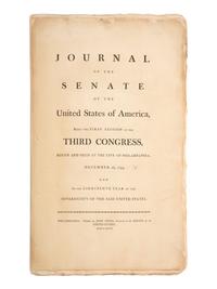 18th Century Americana [UNITED STATES SENATE]. Journal of the Senate of the United States of America, Being the First Session of the Third Congress... December 2, 1793 [-9 June 1794]. -- Philadelphia: John Fenno, 1793[-94] -- Journal of the Senate of the United States of America, Being the Second Session of the Third Congress... November 3rd, 1794 [-3 March 1795]. Philadelphia: John Fenno, 1794-[95].