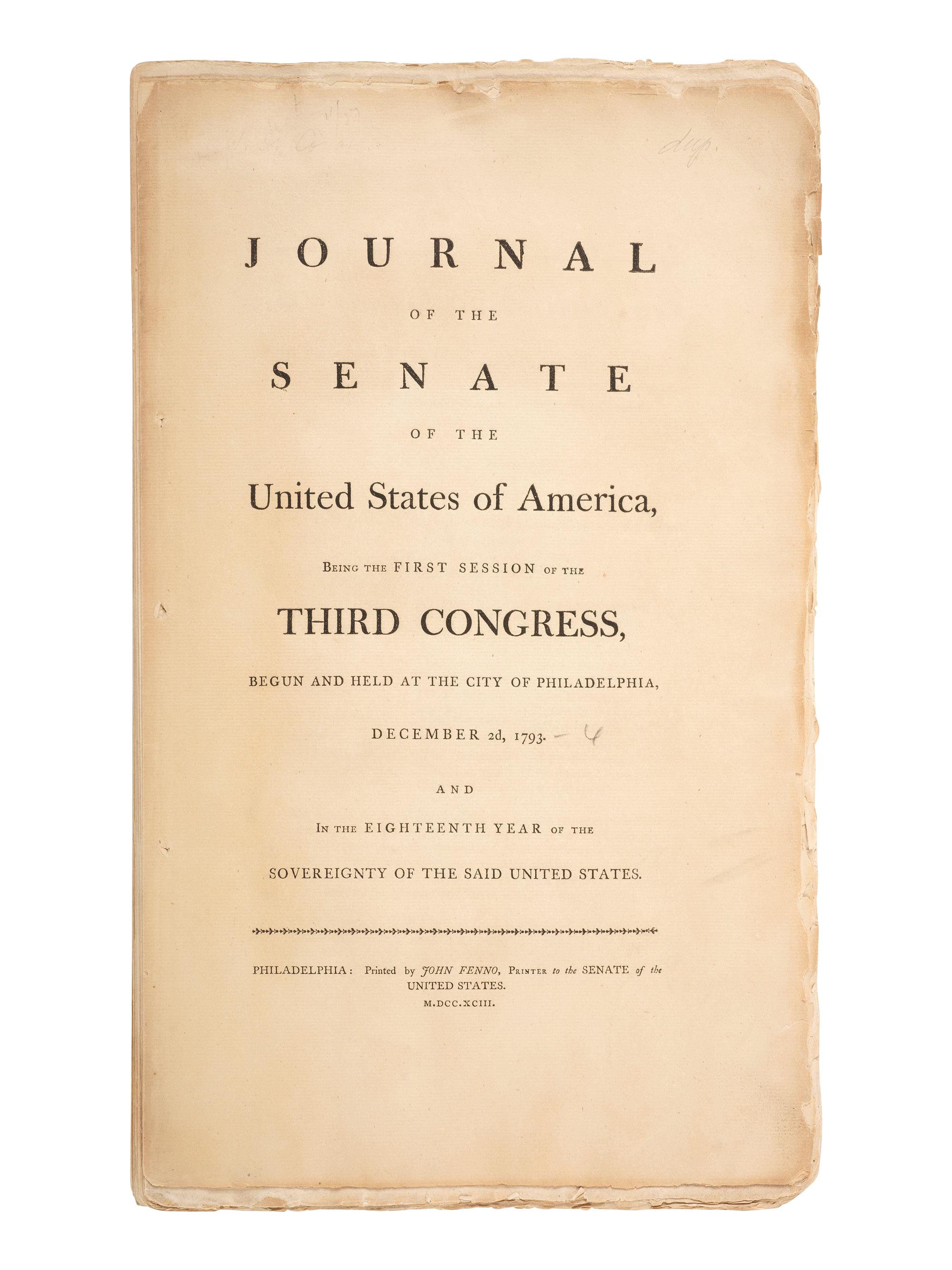 18th Century Americana [UNITED STATES SENATE]. Journal of the Senate of the United States of America, Being the First Session of the Third Congress... December 2, 1793 [-9 June 1794]. -- Philadelphia: John Fenno, 1793[-94] -- Journal of the Senate of the United States of America, Being the Second Session of the Third Congress... November 3rd, 1794 [-3 March 1795]. Philadelphia: John Fenno, 1794-[95].