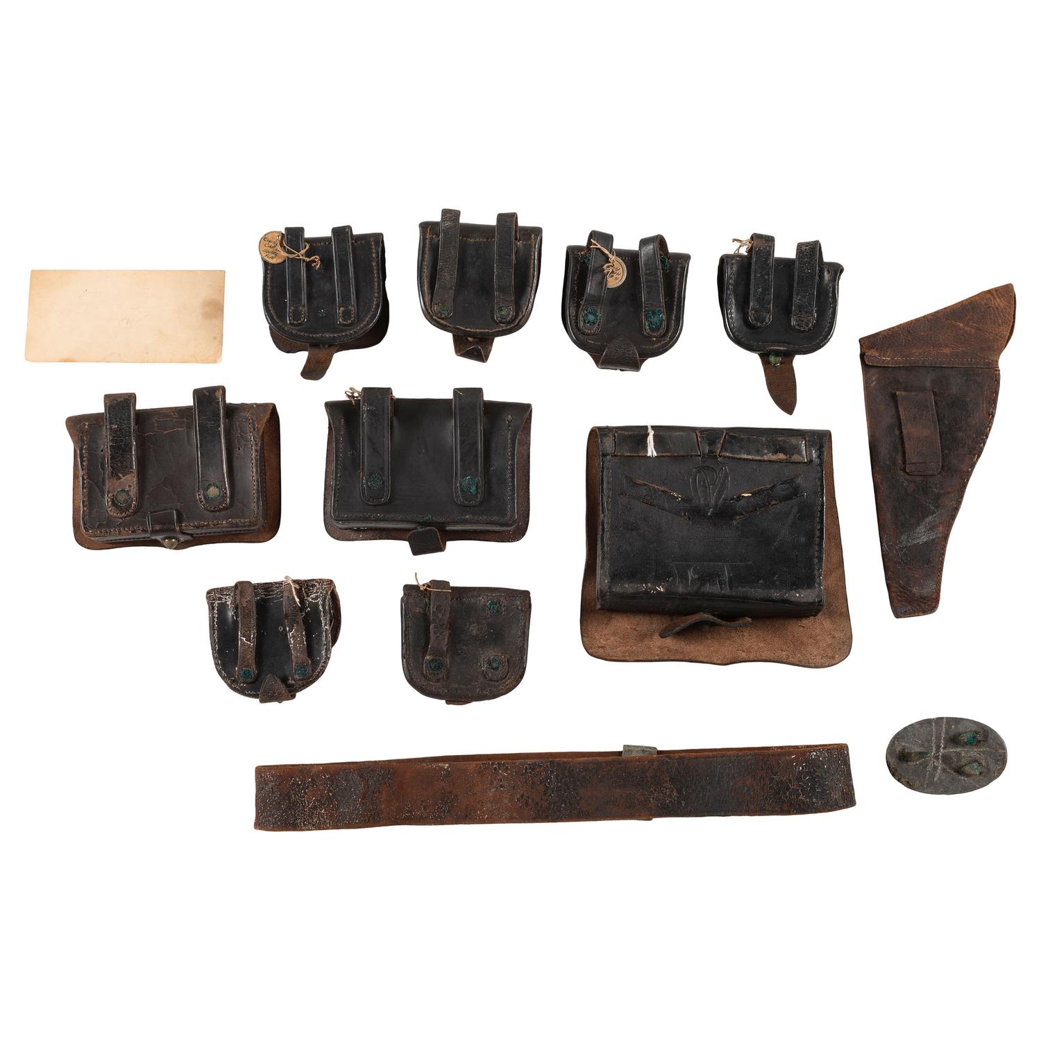 Lot of Civil War Accoutrements: 6 Cap Pouches, 2 Pistol Boxes, Belt Plate, etc.