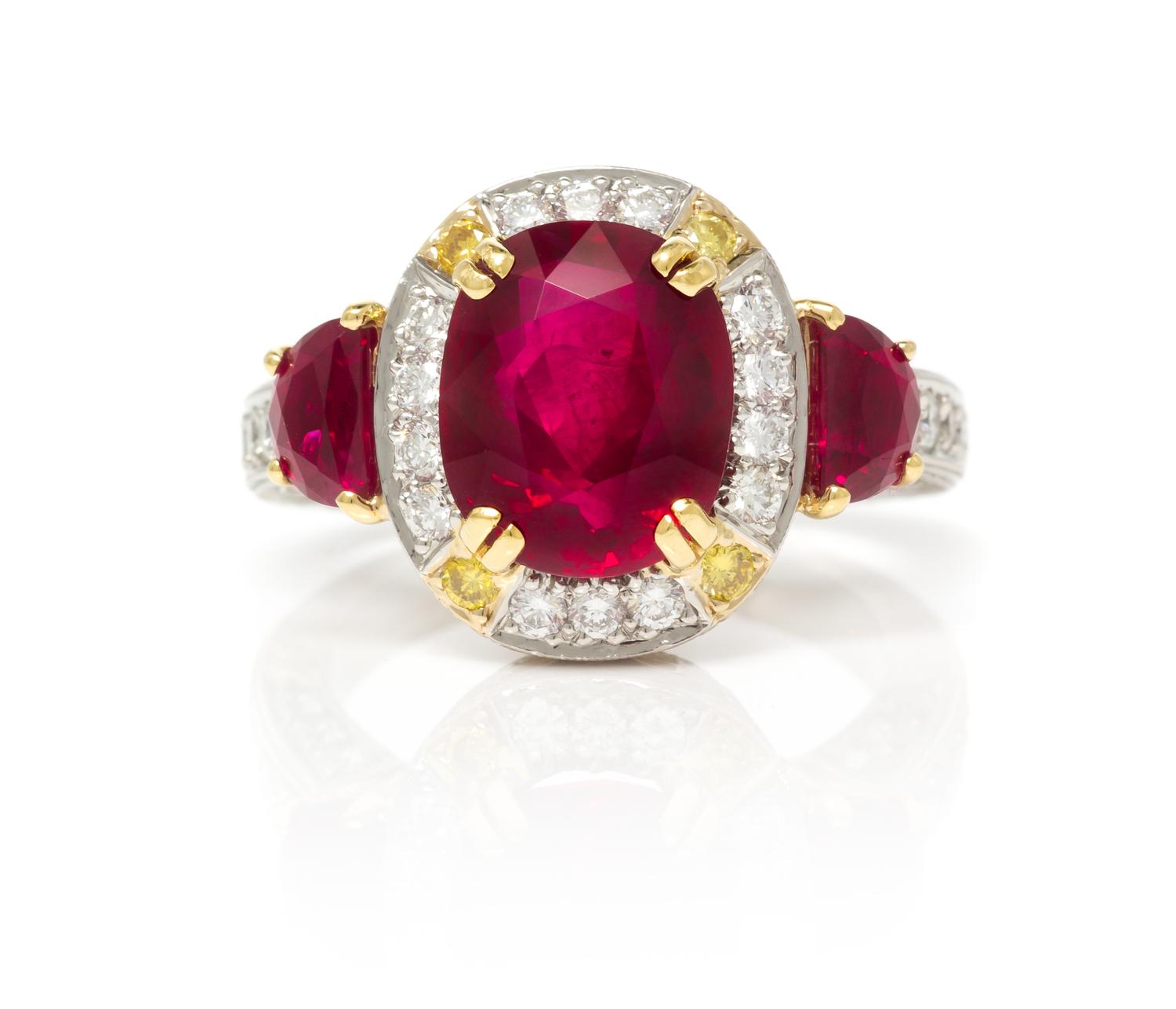 A Platinum, Yellow Gold, Burmese Ruby, Colored Diamond and Diamond "Signed Originals" Ring, Micheal Beaudry, 9.30 dwts.