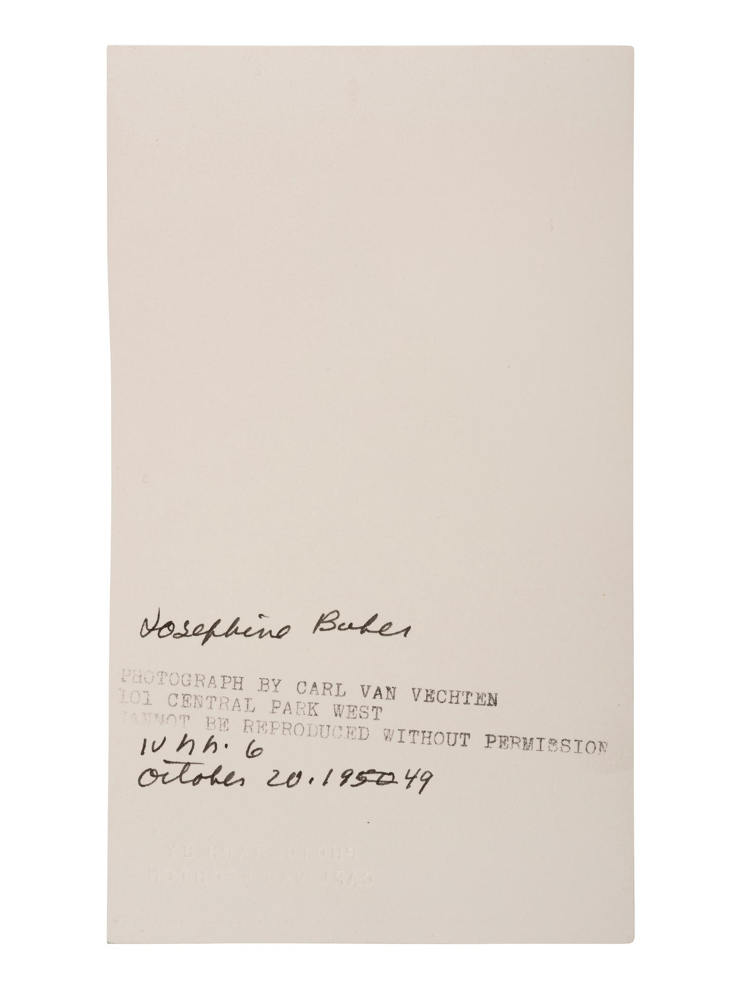 [AFRICAN AMERICANA - PHOTOGRAPHY]. VAN VECHTEN, Carl (1880-1964), photographer. Portrait of Josephine Baker. 20 October 1949.