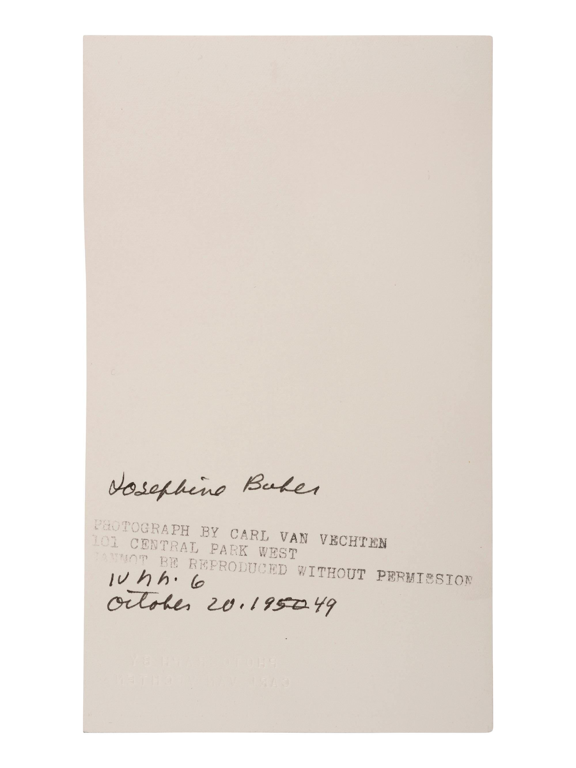 [AFRICAN AMERICANA - PHOTOGRAPHY]. VAN VECHTEN, Carl (1880-1964), photographer. Portrait of Josephine Baker. 20 October 1949.