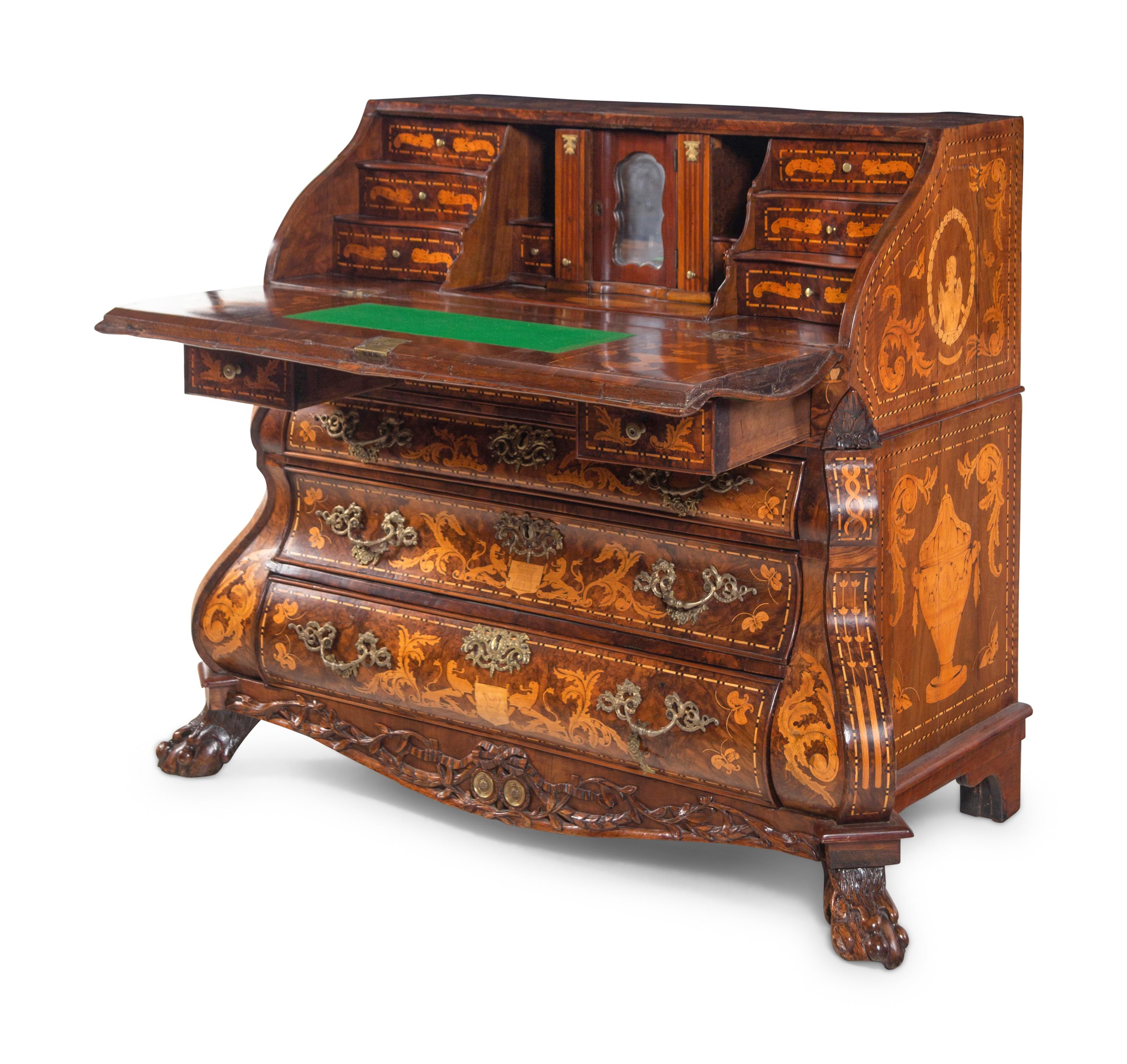 A Dutch Baroque Burl Walnut and Marquetry Slant-Front Desk
