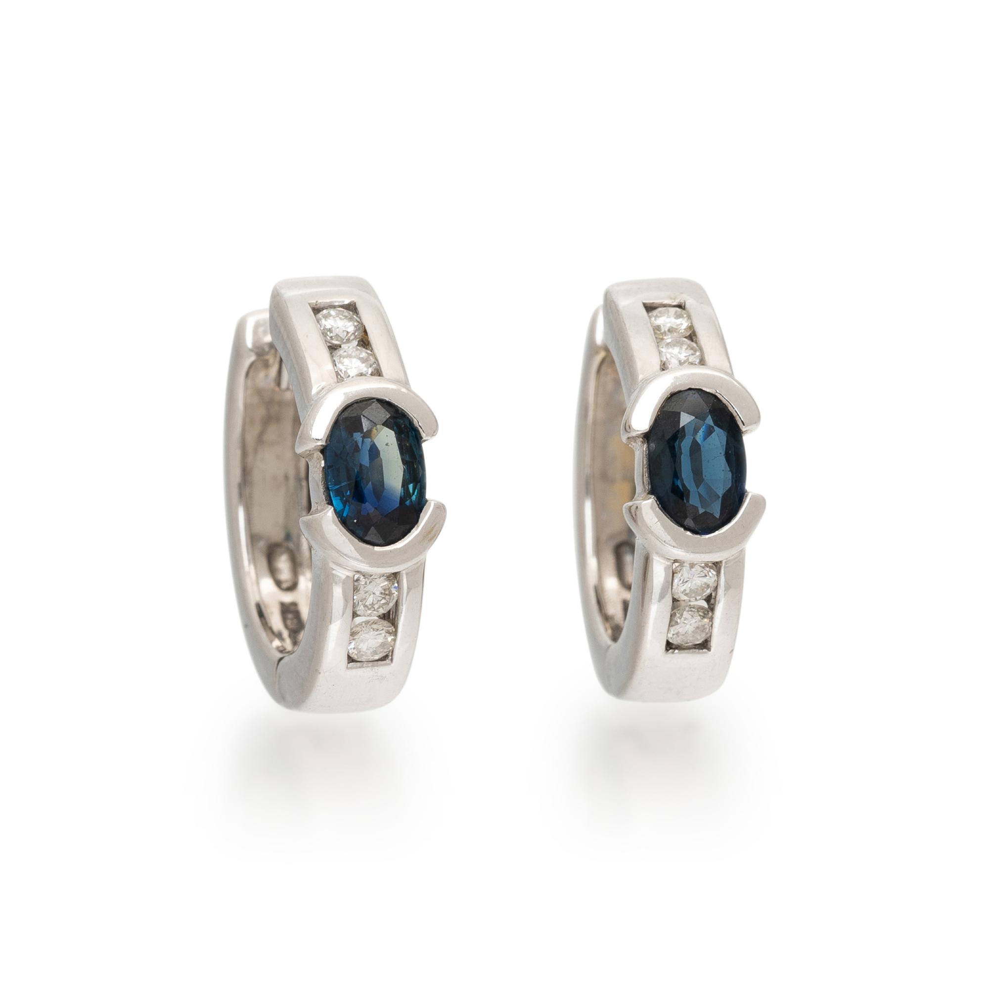 SAPPHIRE, DIAMOND, AND WHITE GOLD HOOP EARRINGS