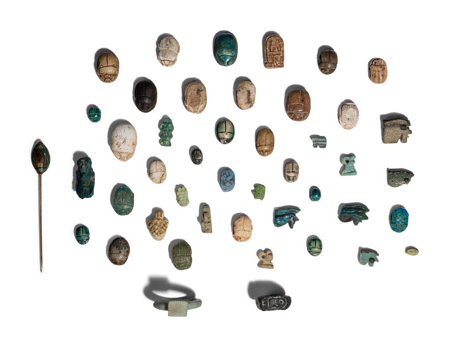 Forty-Five Egyptian Faience Amulets, Scarabs, and Rings
